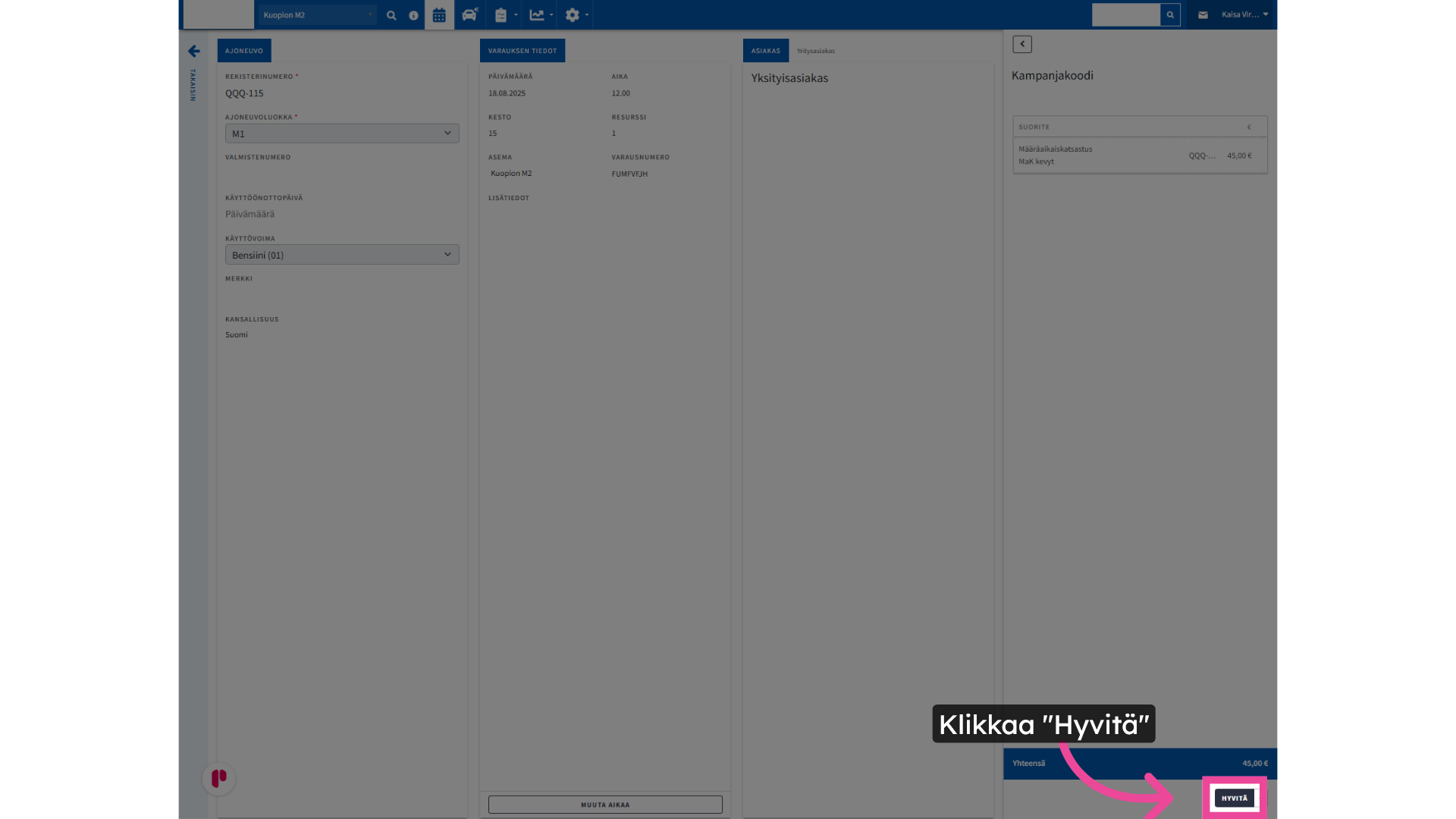 Klikkaa 'Hyvitä'