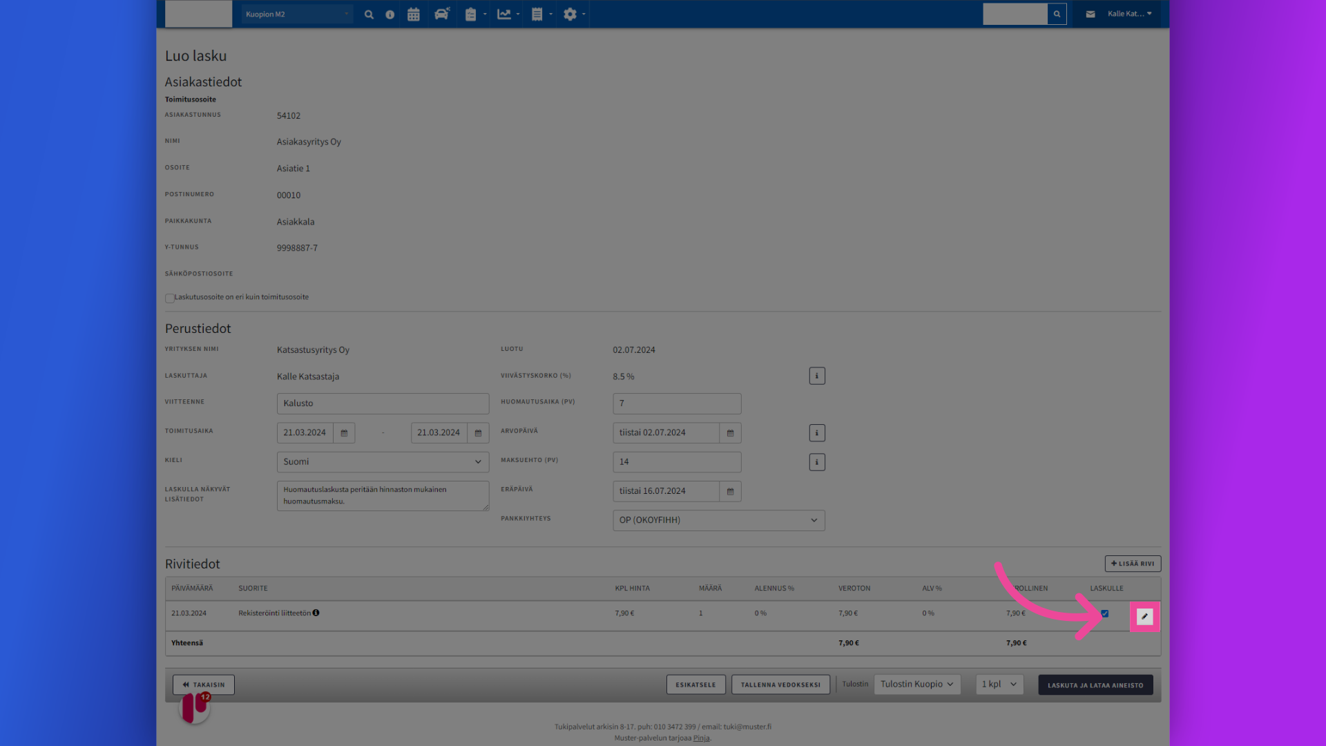 Jos laskulle tarvitsee vaihtaa asiakas, pura myynti ja valitse muokkaa -toiminto kynä -paikkeesta