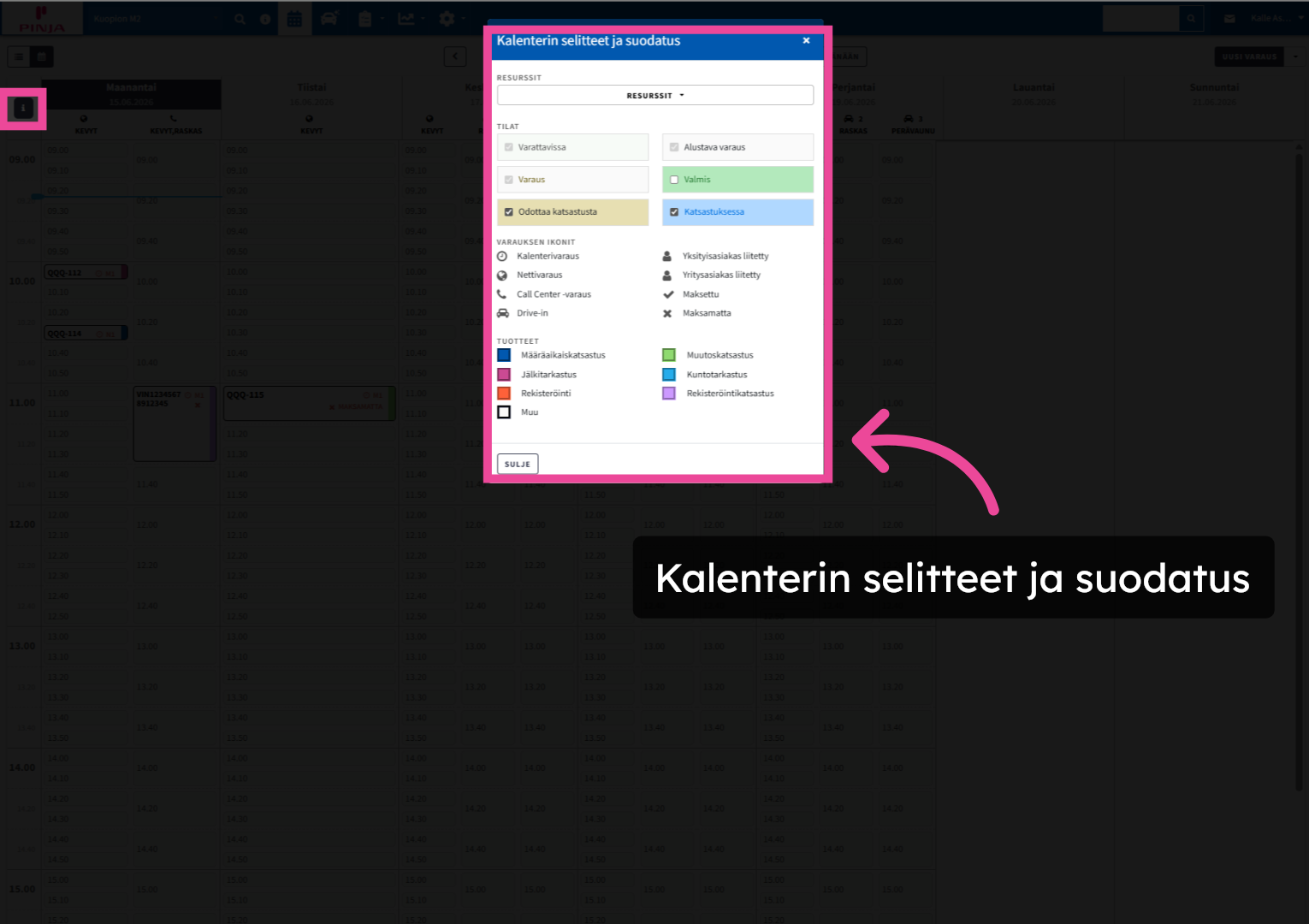 Kalenterin selitteet ja suodatus