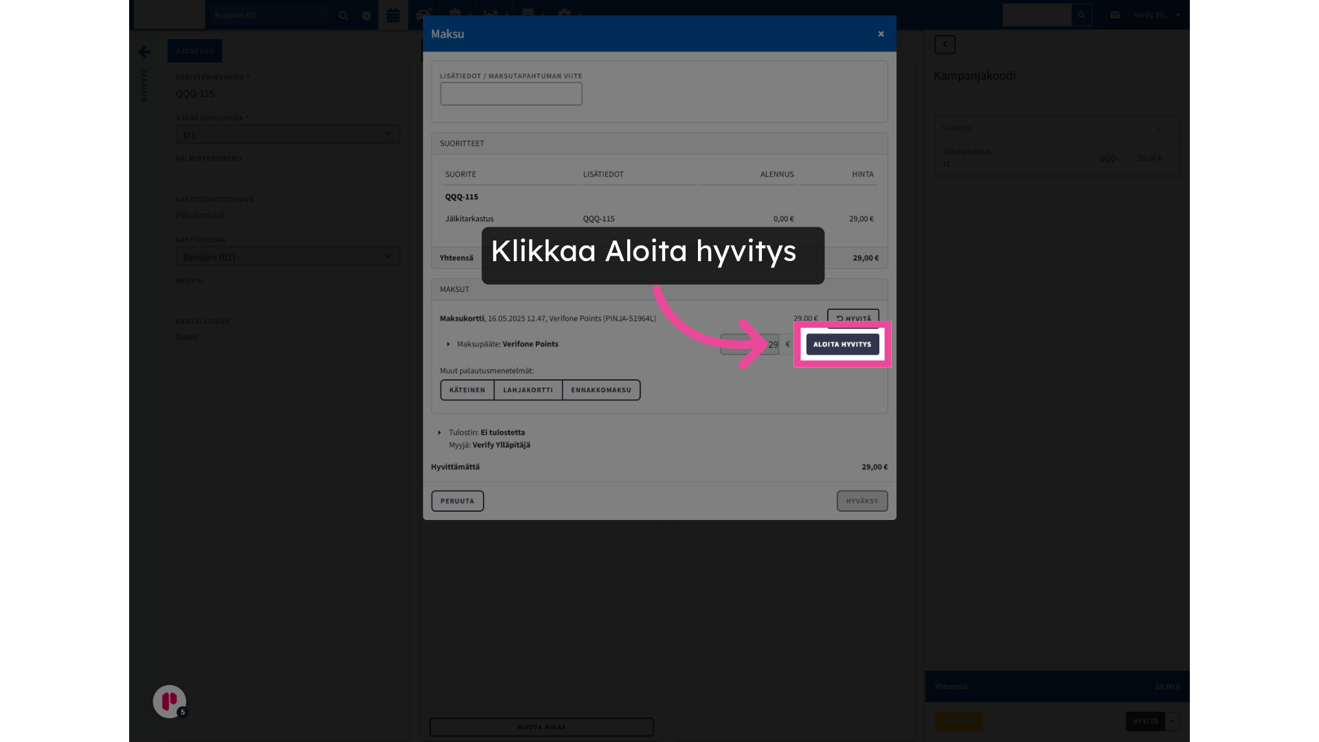 Klikkaa Aloita hyvitys