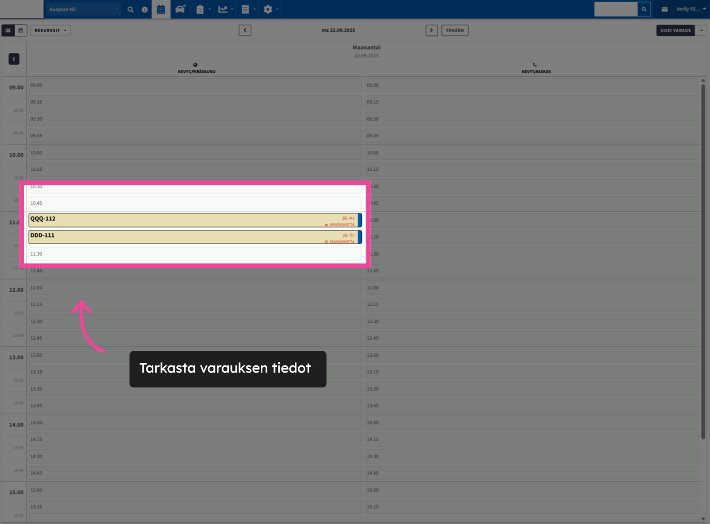 Tarkasta varauksen tiedot