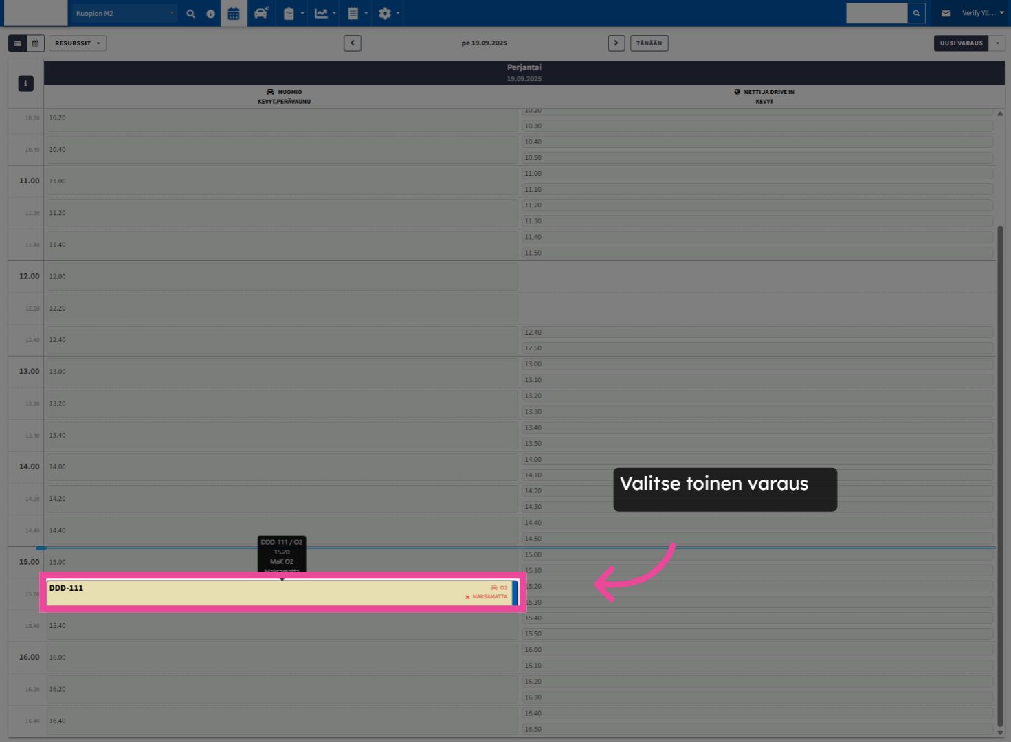 Valitse toinen siirrettävä varaus 