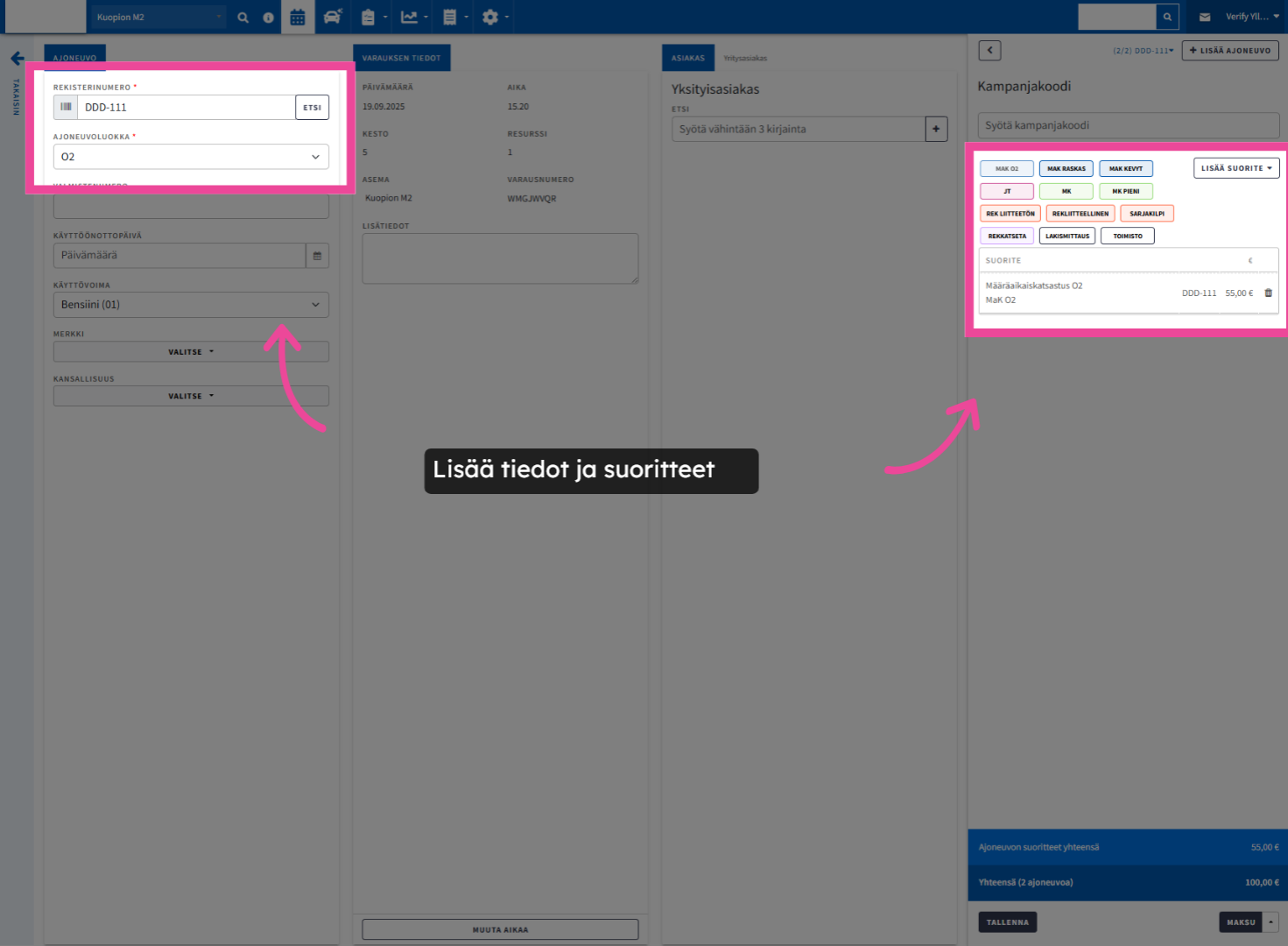 Lisää tiedot ja suoritteet