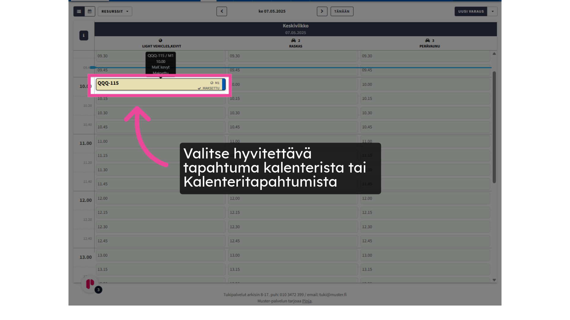 Valitse hyvitettävä tapahtuma kalenterista tai Kalenteritapahtumista