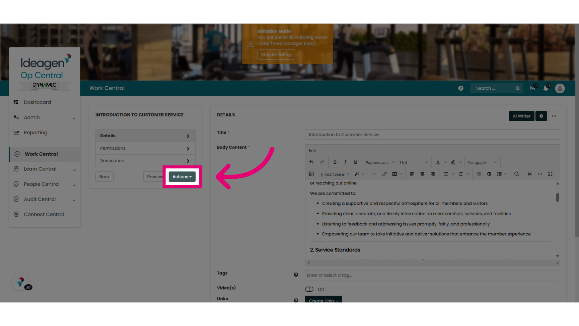 When finished editing, select the 'Actions' button