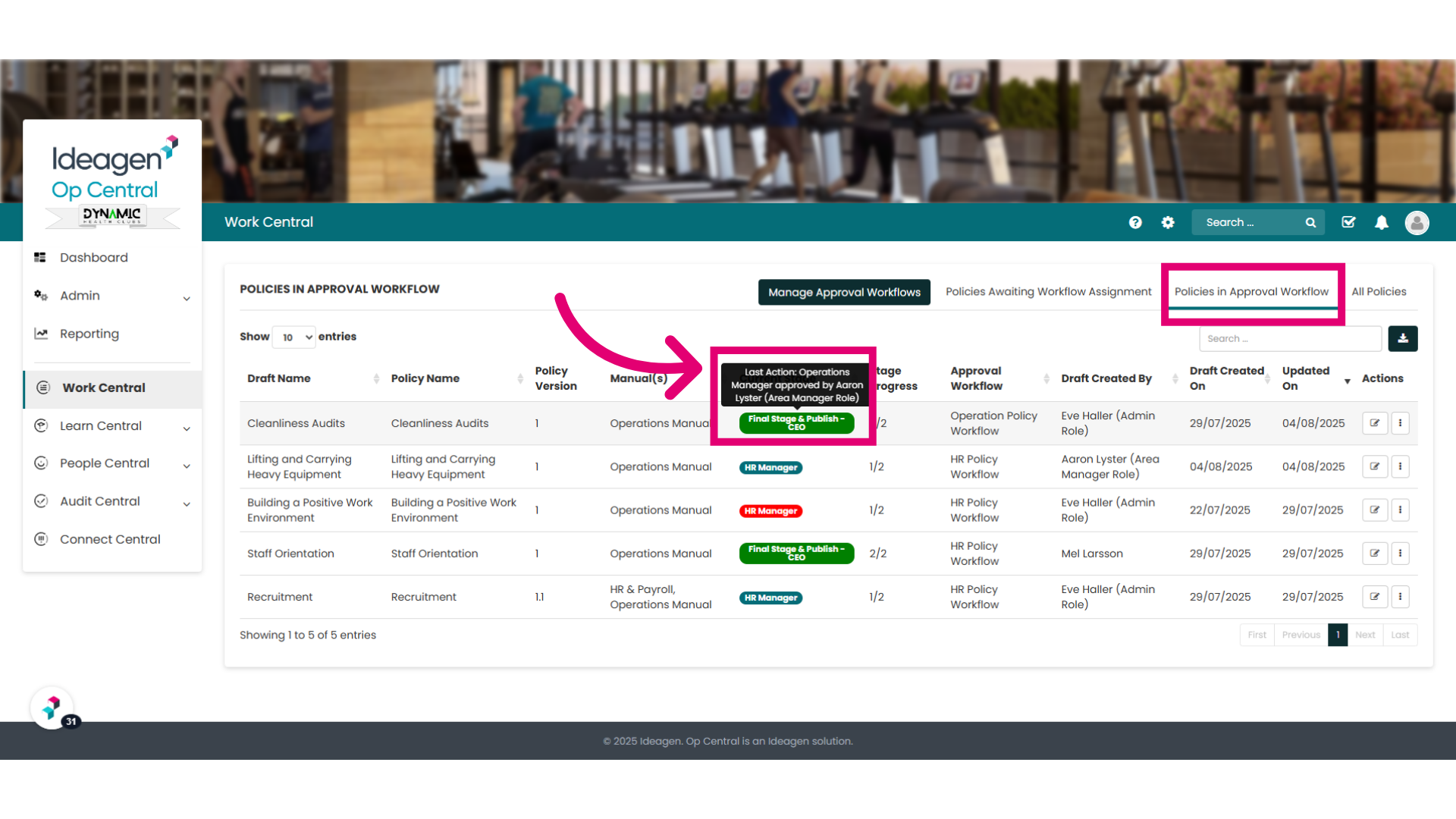 'Policies in Approval Workflow' tab