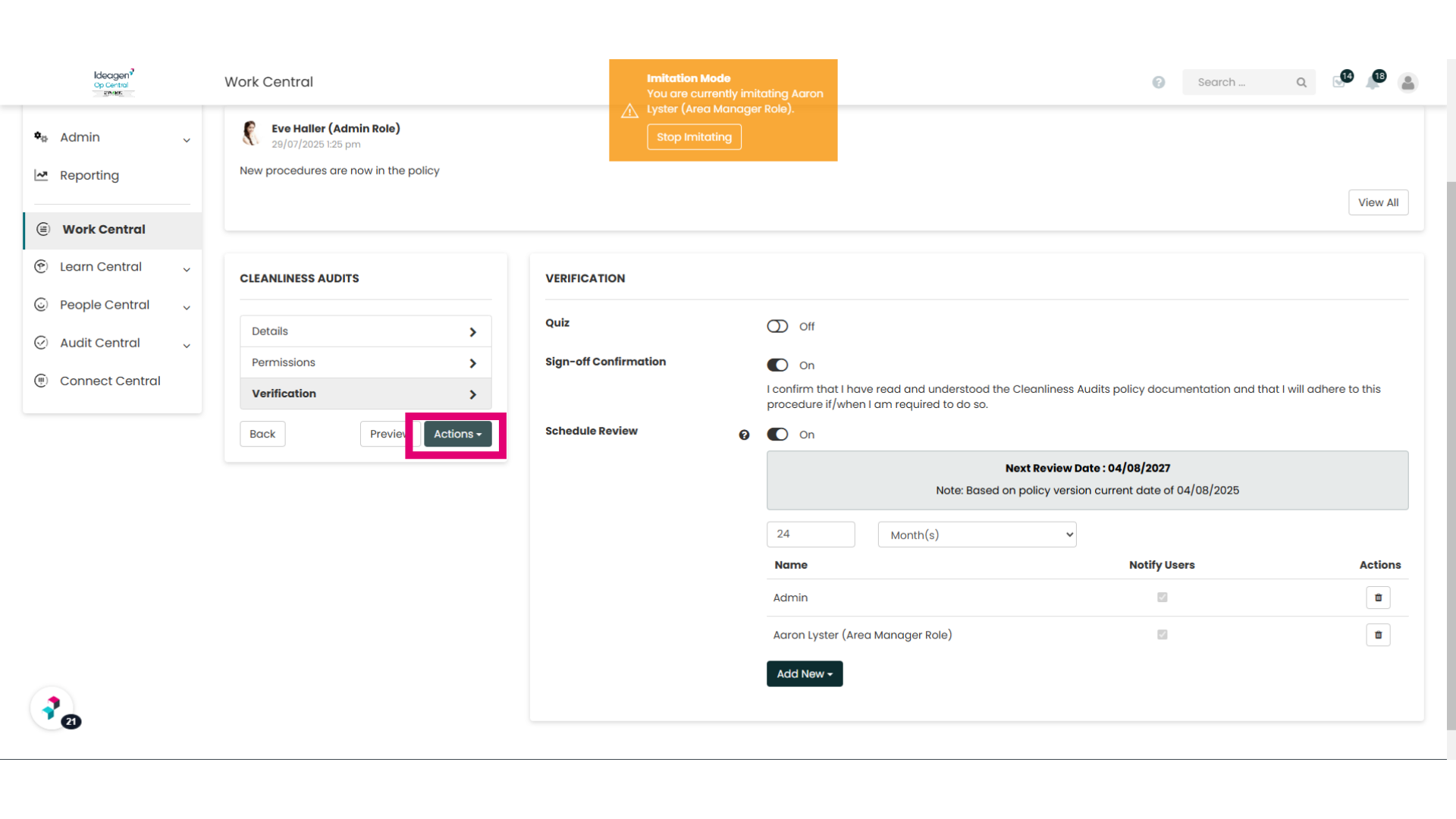 Review, Edit or update policy settings