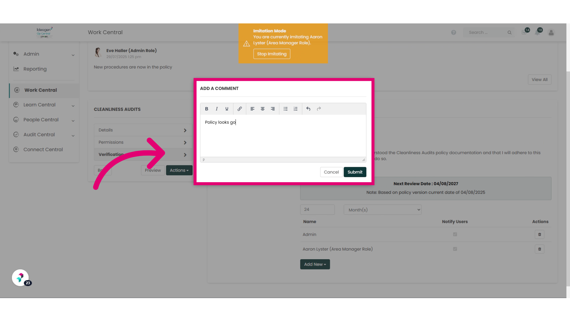 Leave a comment for the Workflow History Log and Submit.