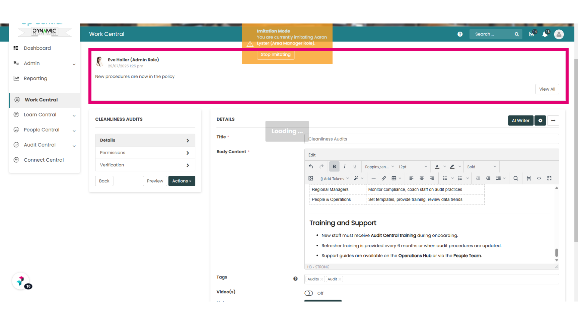 The Policy 'Edit' screen