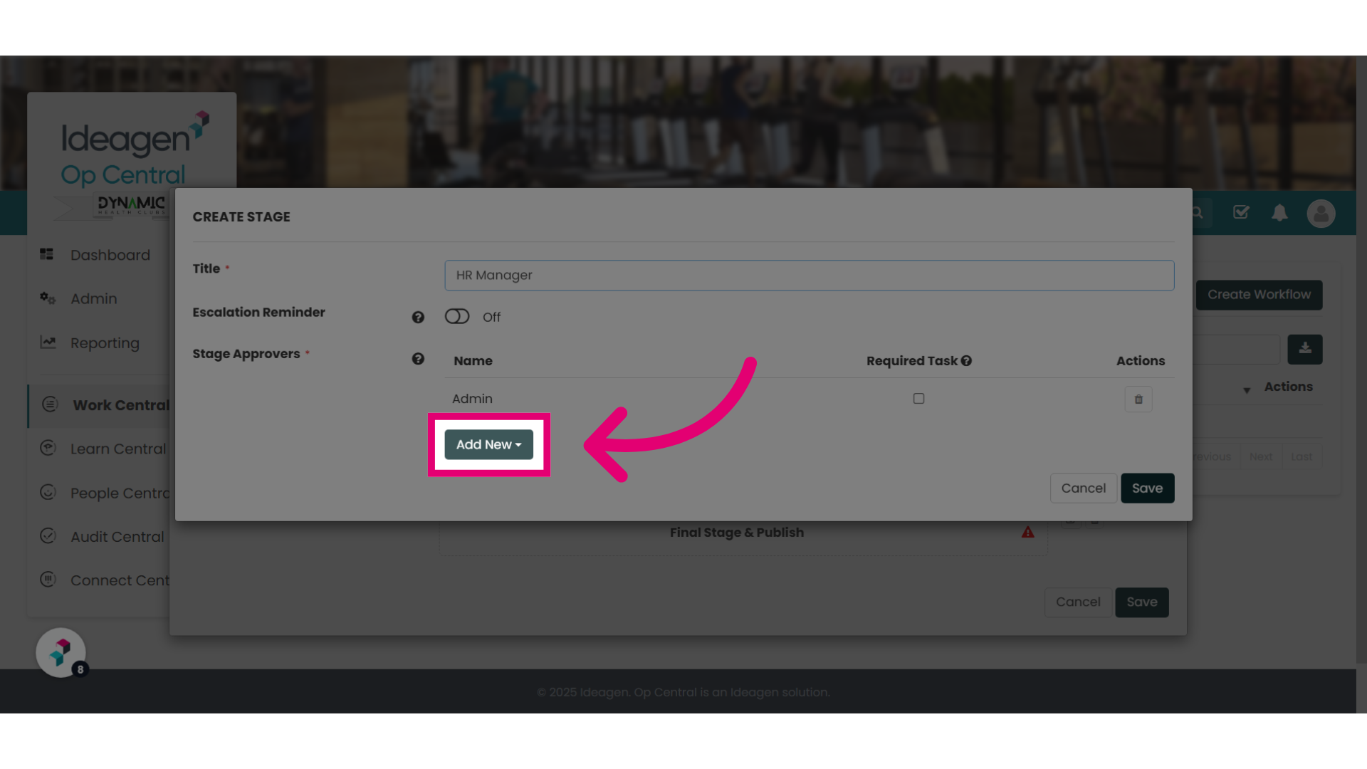 Navigate to 'Add New' to add a role, user or user group to the workflow.