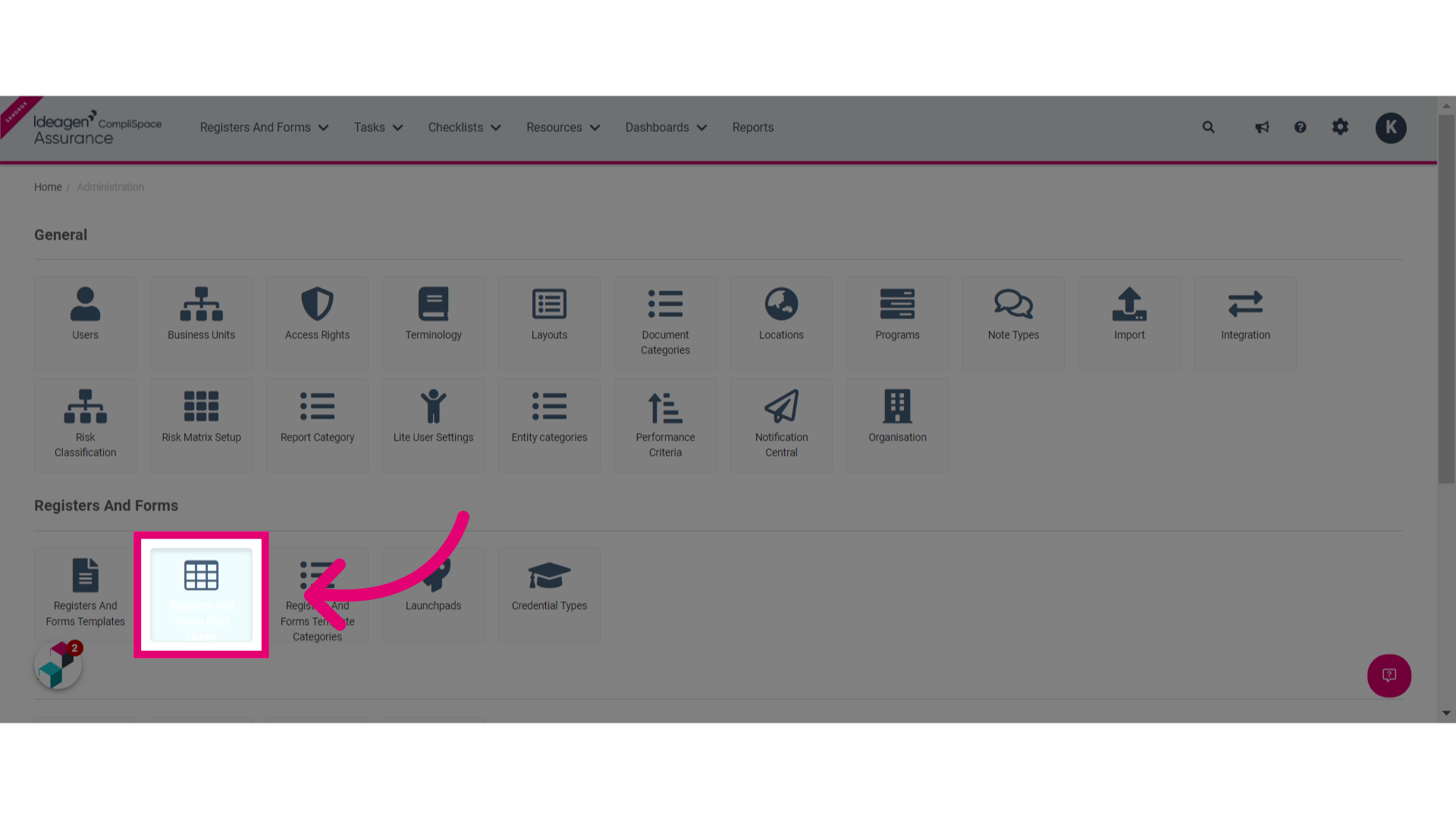 Click the Registers And Forms Field Library button