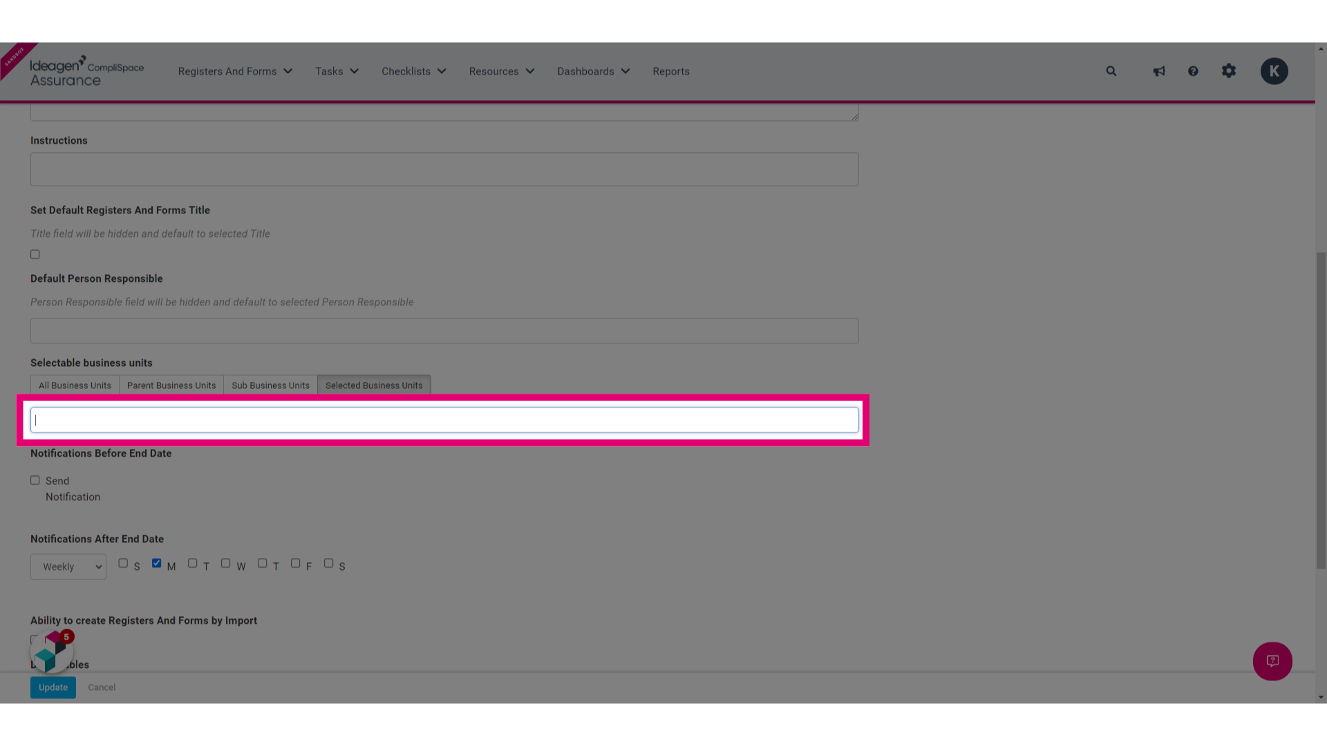 Click the blank text box. This will reveal the business units you can select from