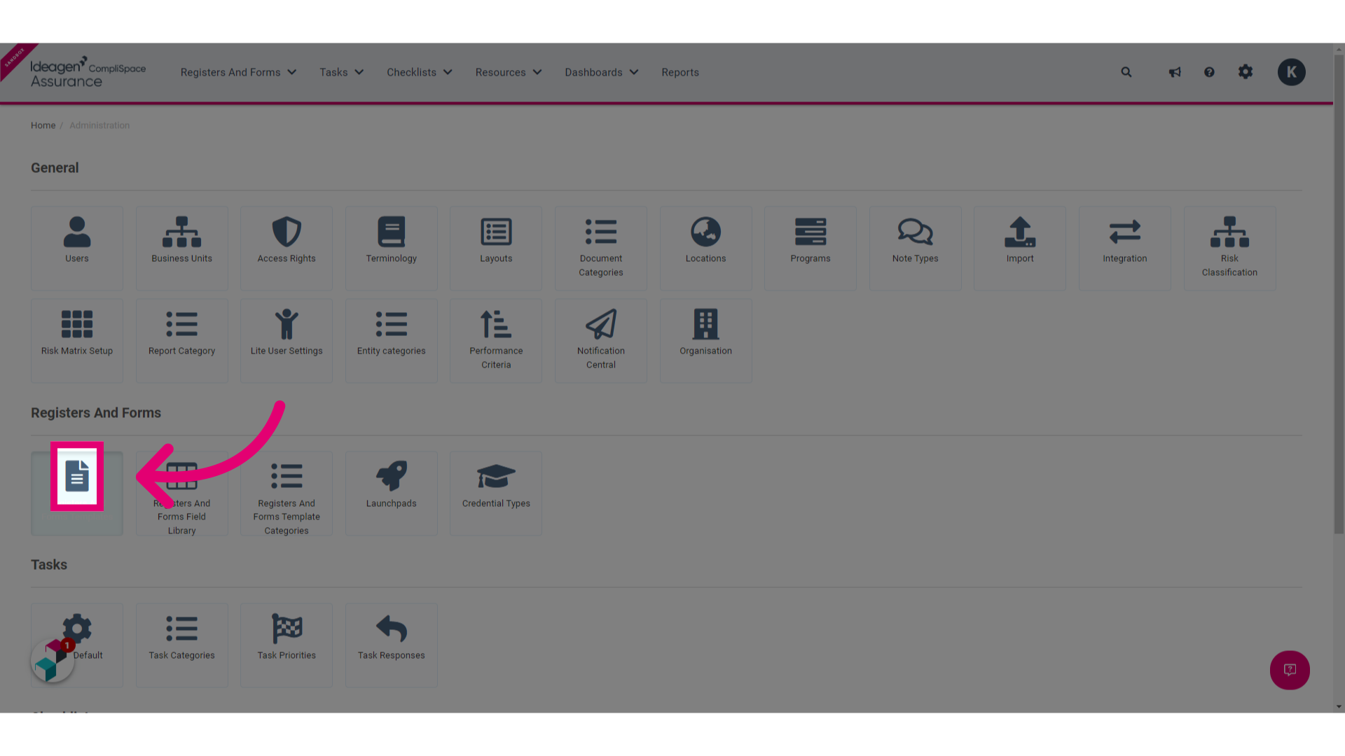 Click the Registers and Forms Template button