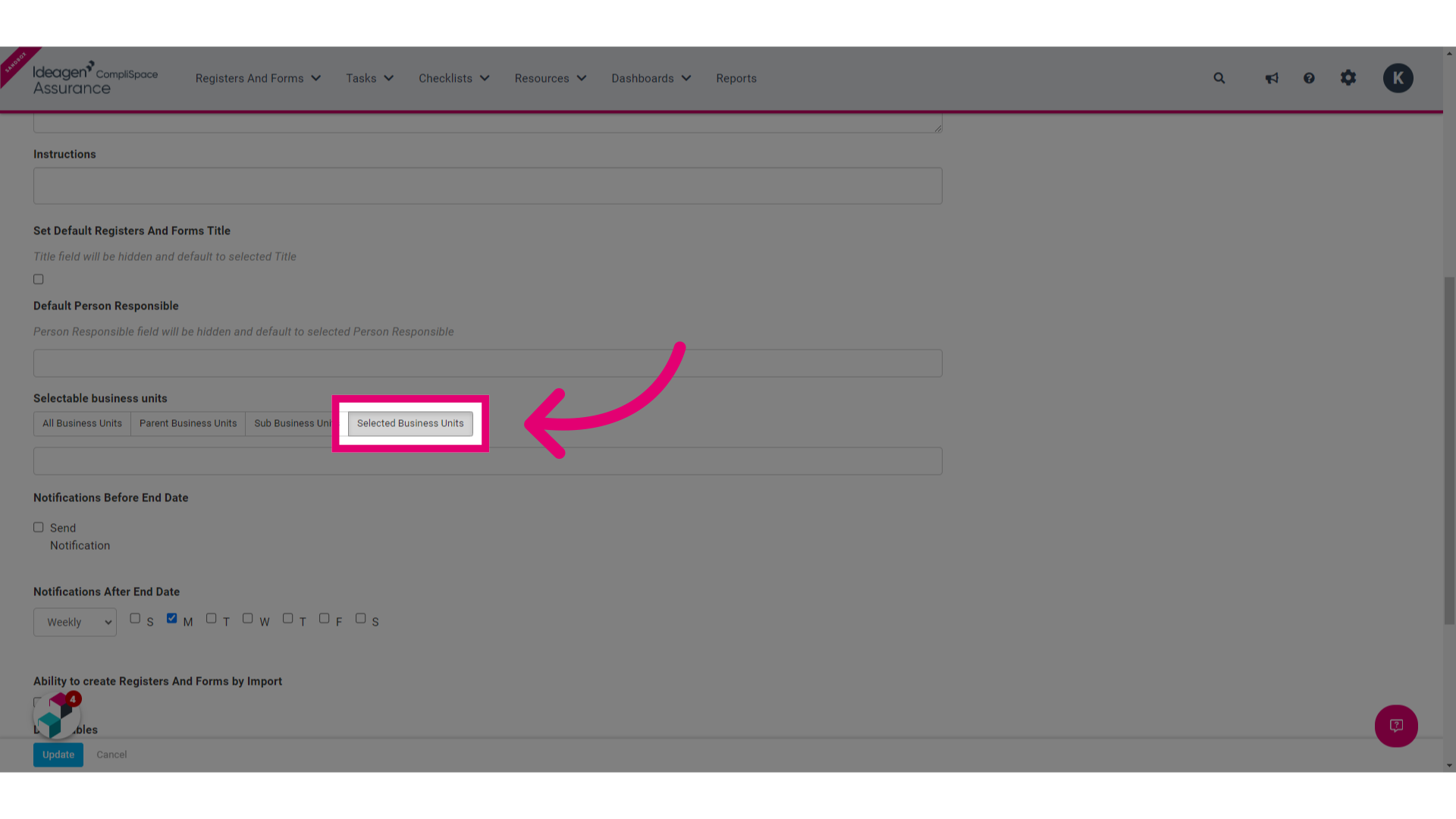 Click the Selected Business Units tab