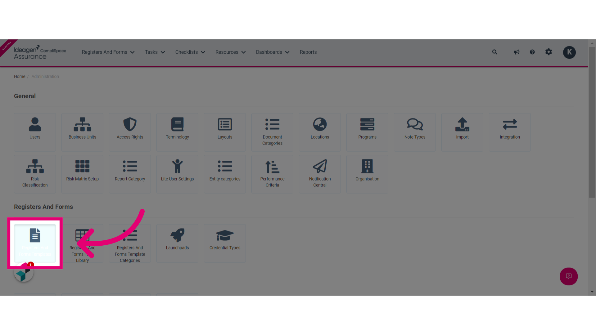 Click the Registers And Forms Templates button