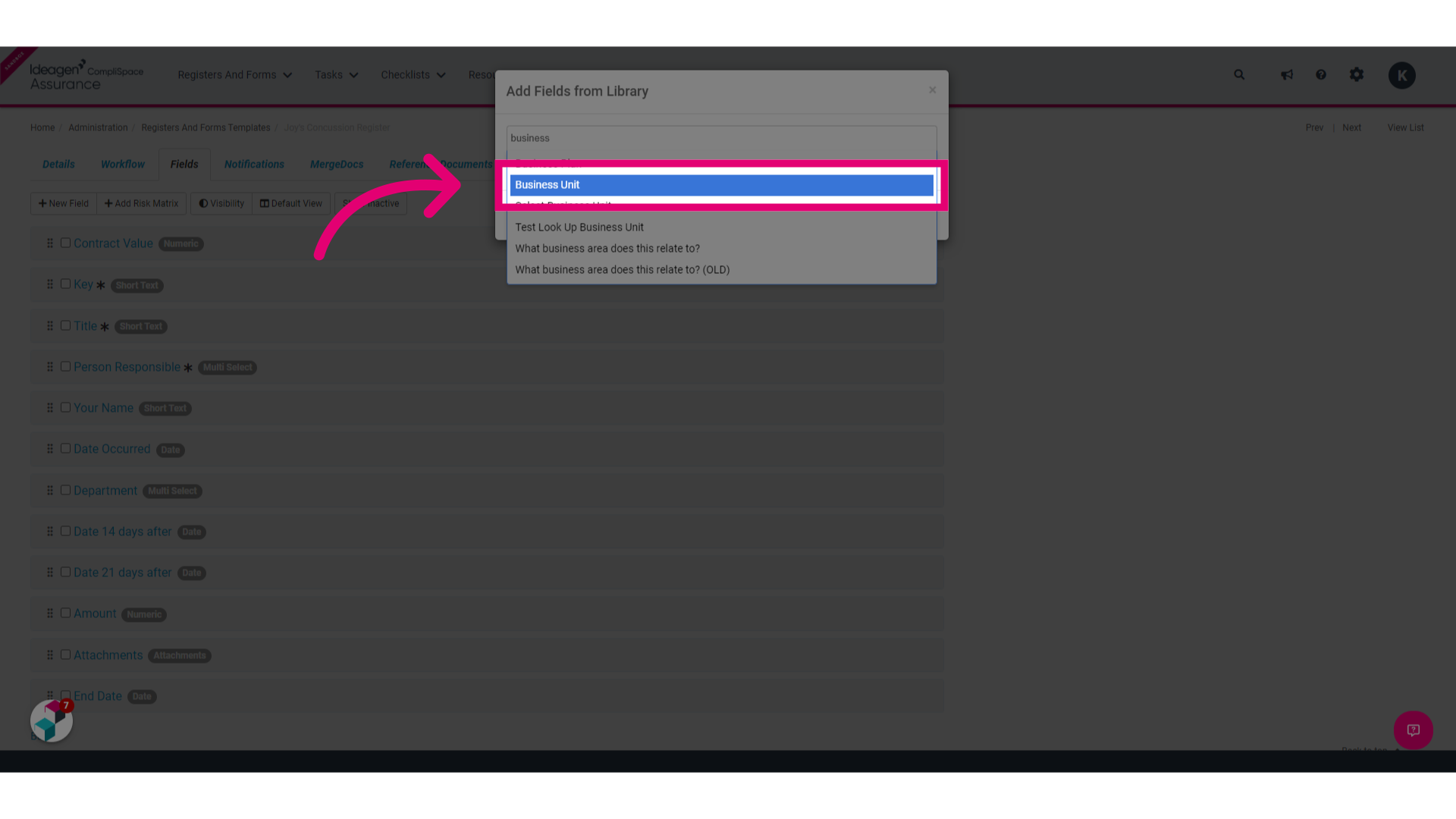Select Business Unit from the dropdown menu that appears