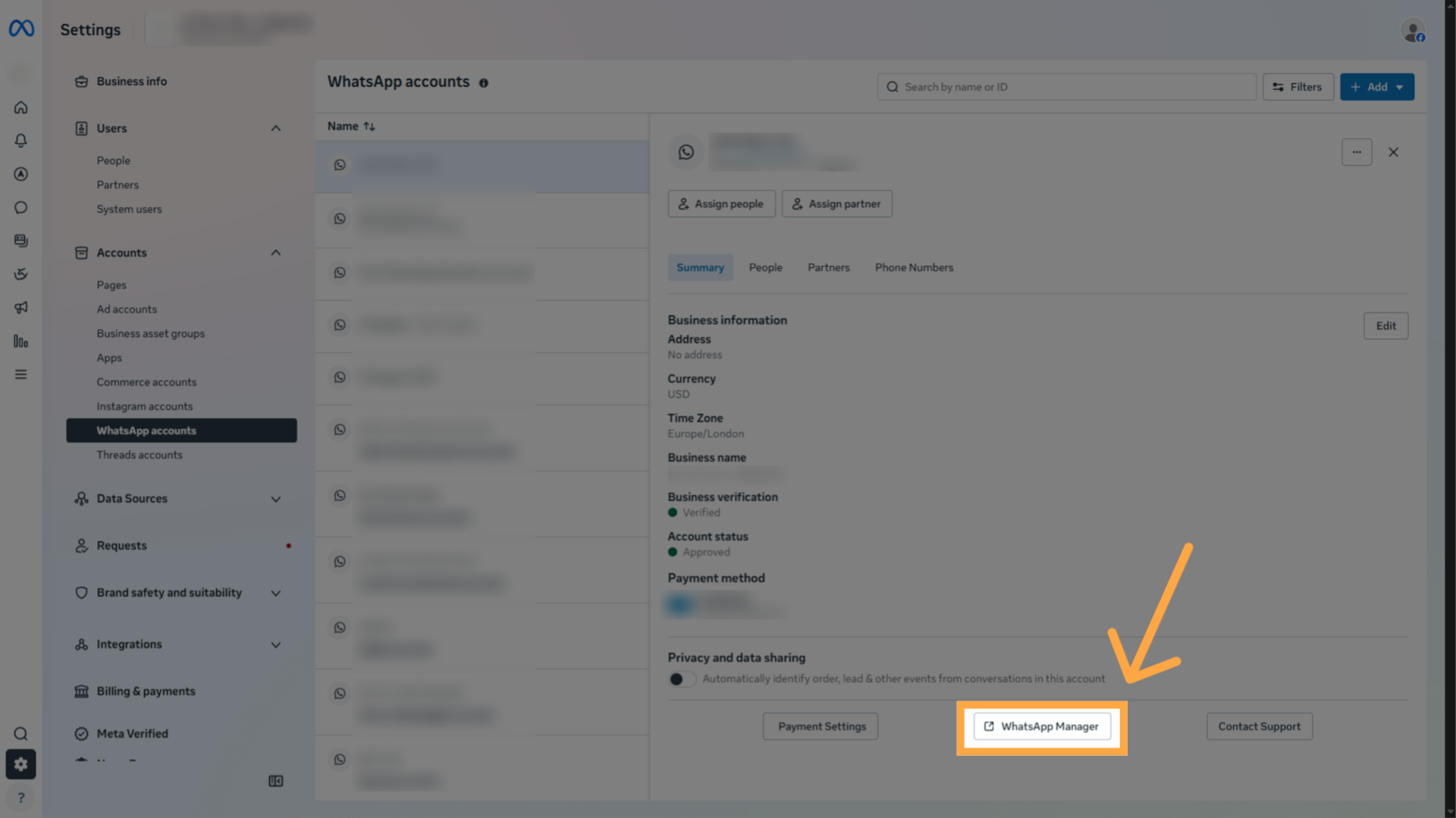 כניסה ל־WhatsApp Manager
