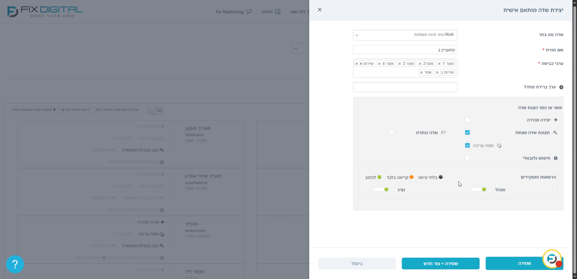 אפשרויות שמירה ויצירת שדות