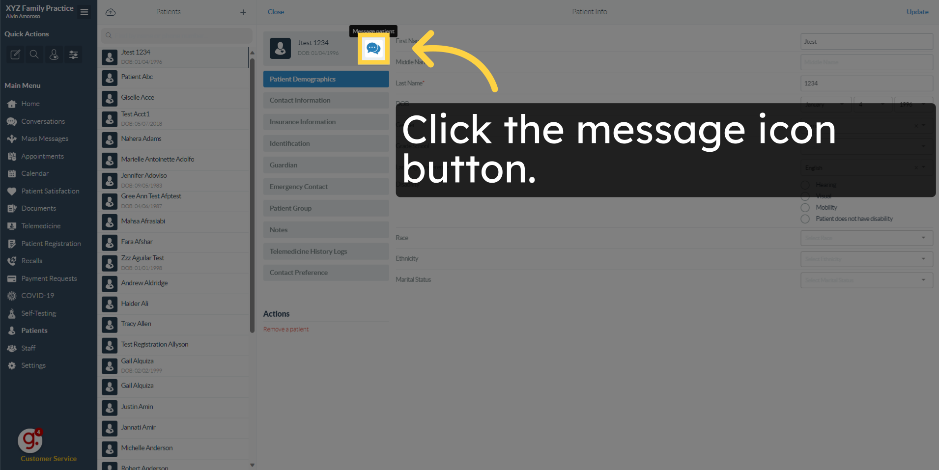 Click the message icon button.