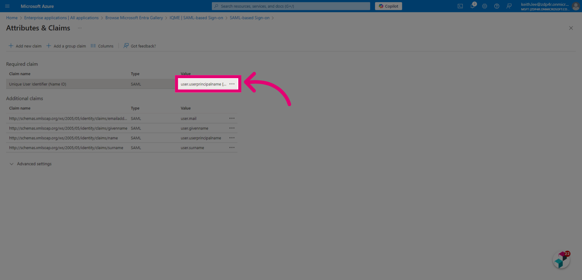 Click the required claim value