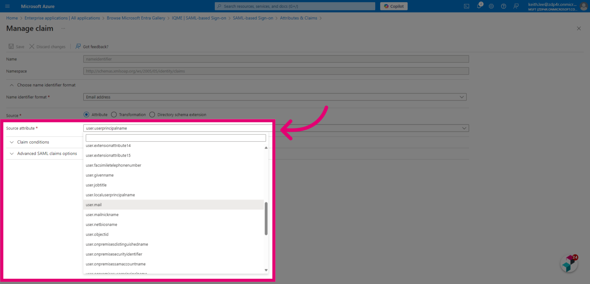 Select user.mail