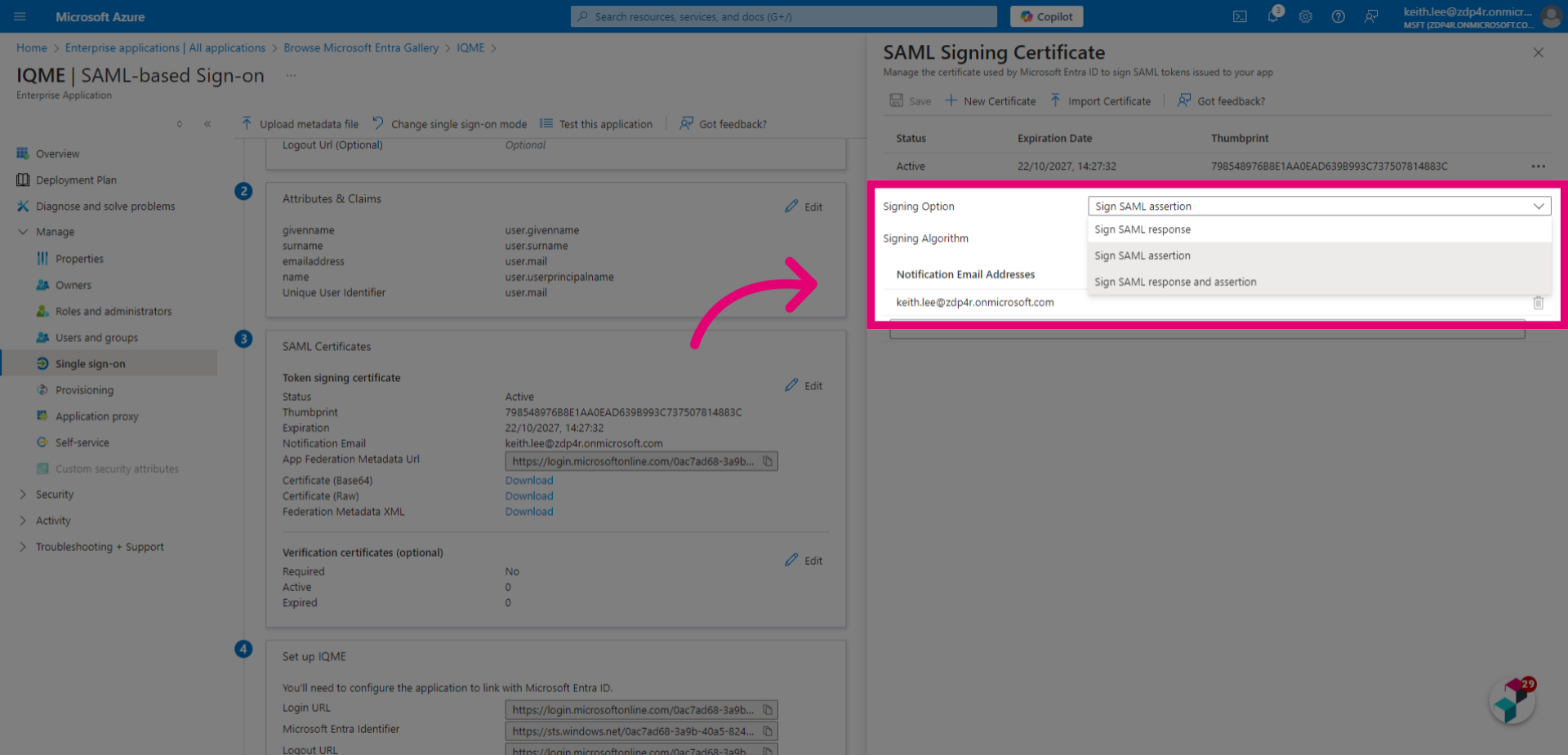 Select Sign SAML response and assertion