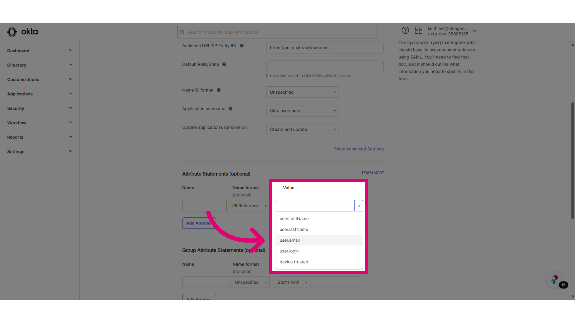 Choose 'user.email'
