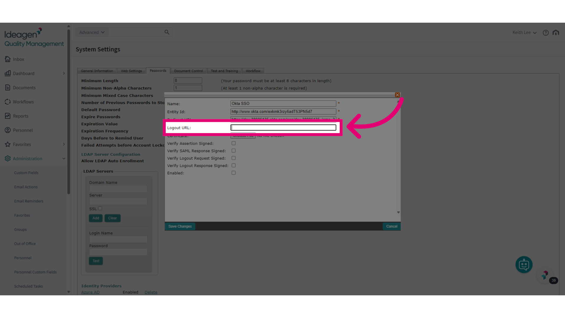 Paste your copied sign out URL into 'Logout URL' field