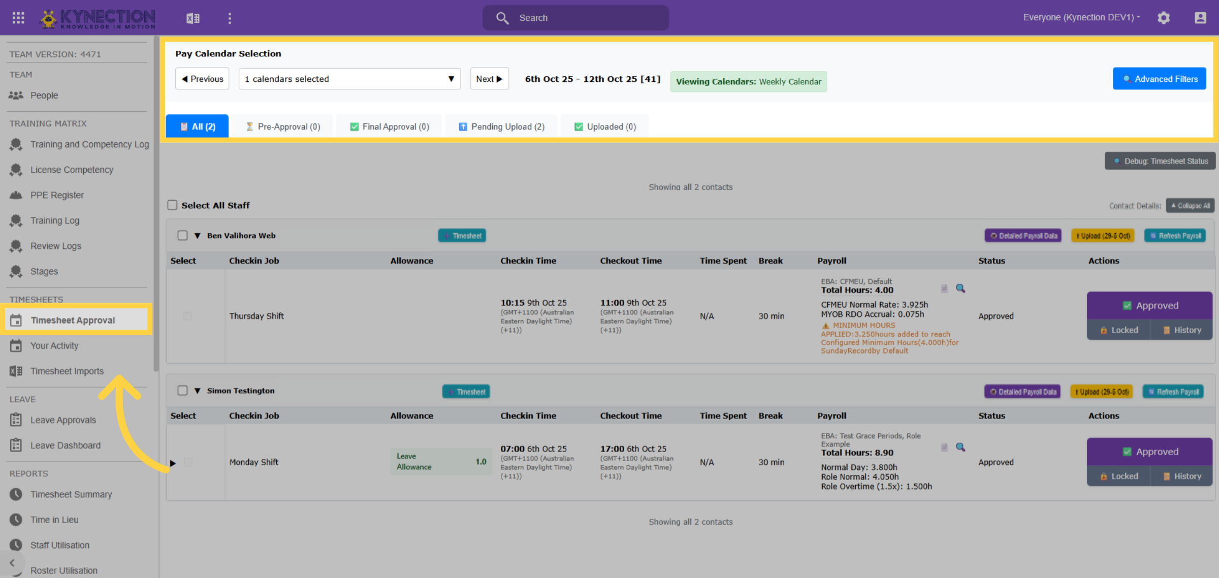 Timesheet Approval Section