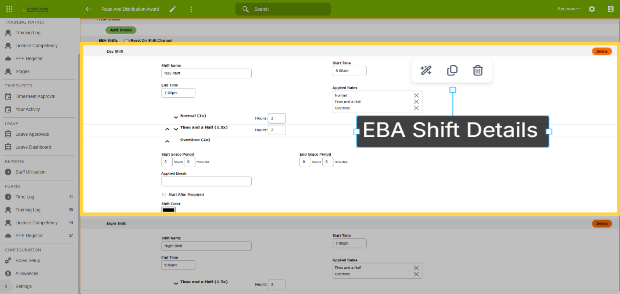 E.B.A. Shift Details