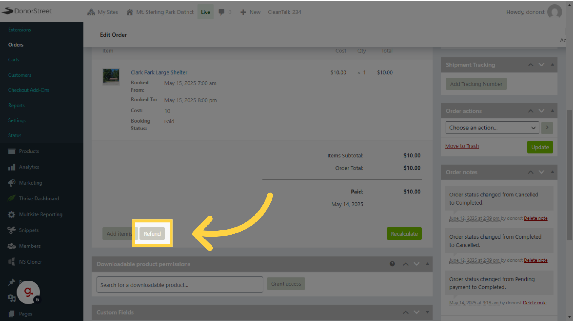 If you need to also refund the fee, Click 'Refund'