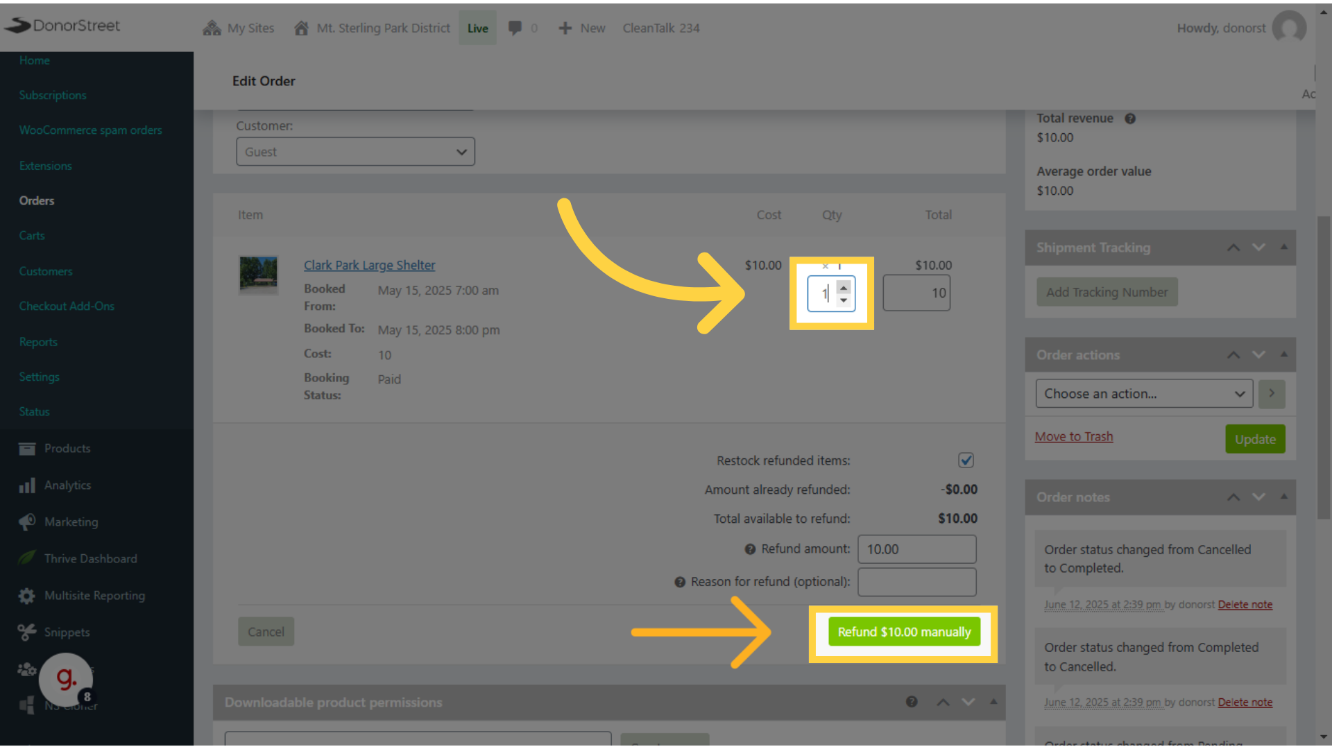 Use the arrow to refund '1' next to the booking fee