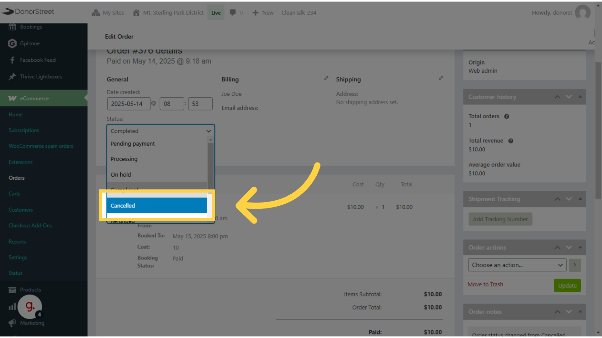 Click 'Cancelled' if needed to manually cancel for the user.