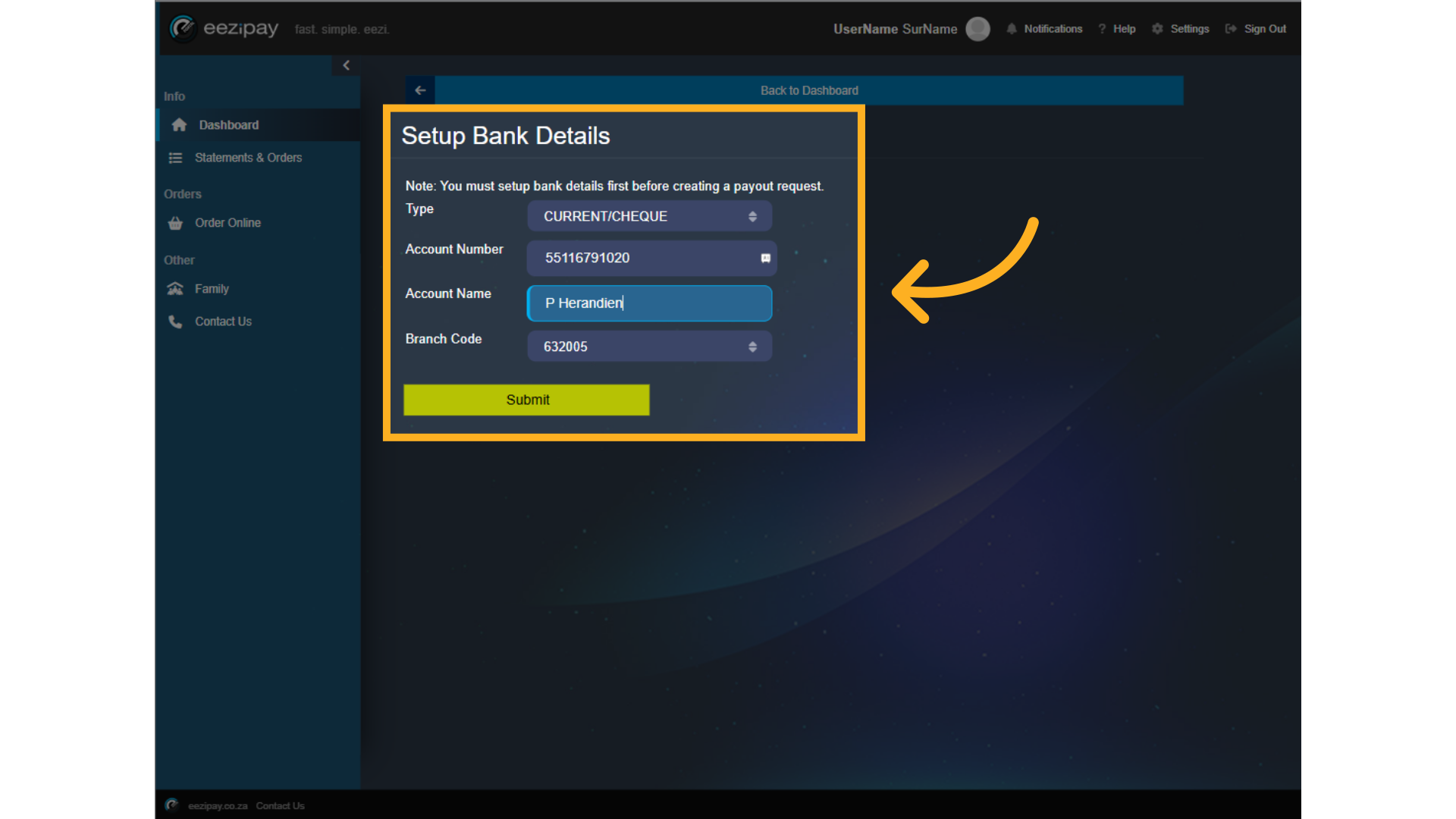 Add banking details