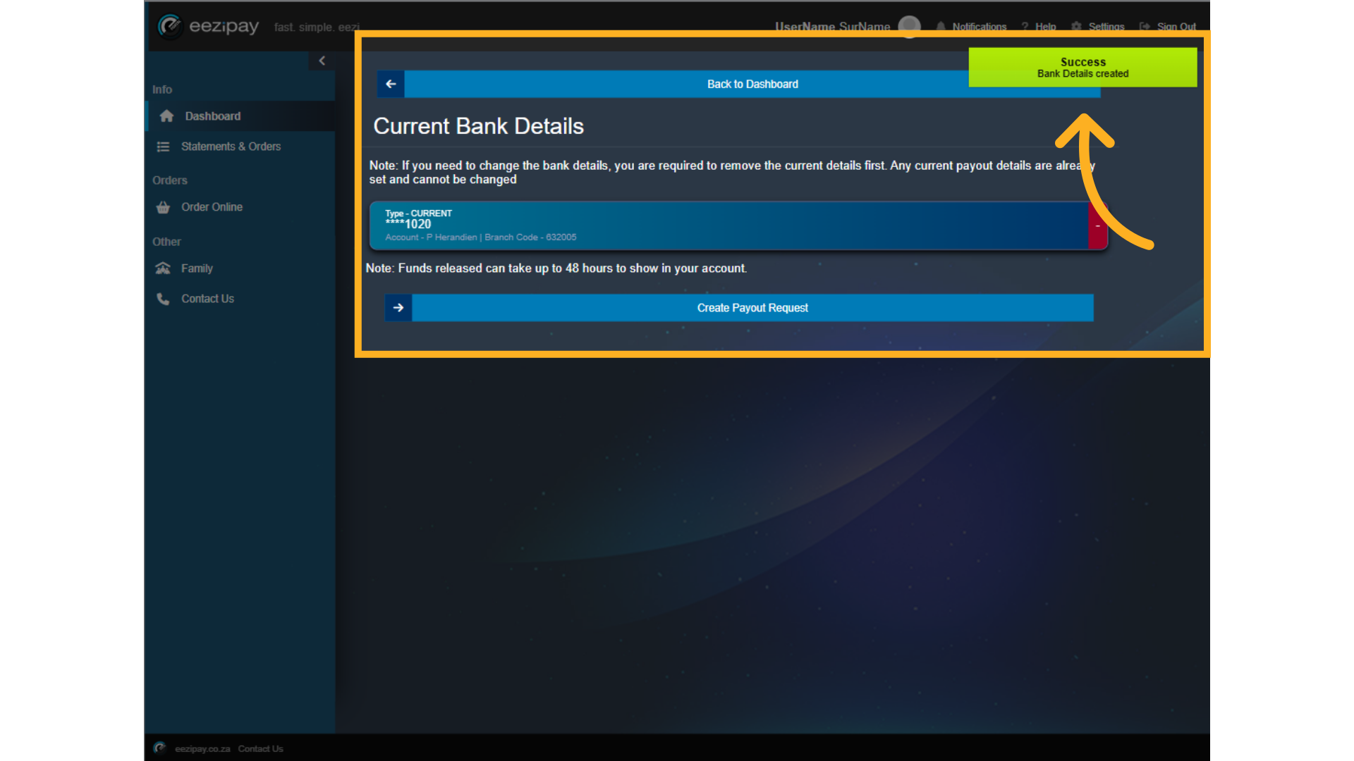 Bank details addition success