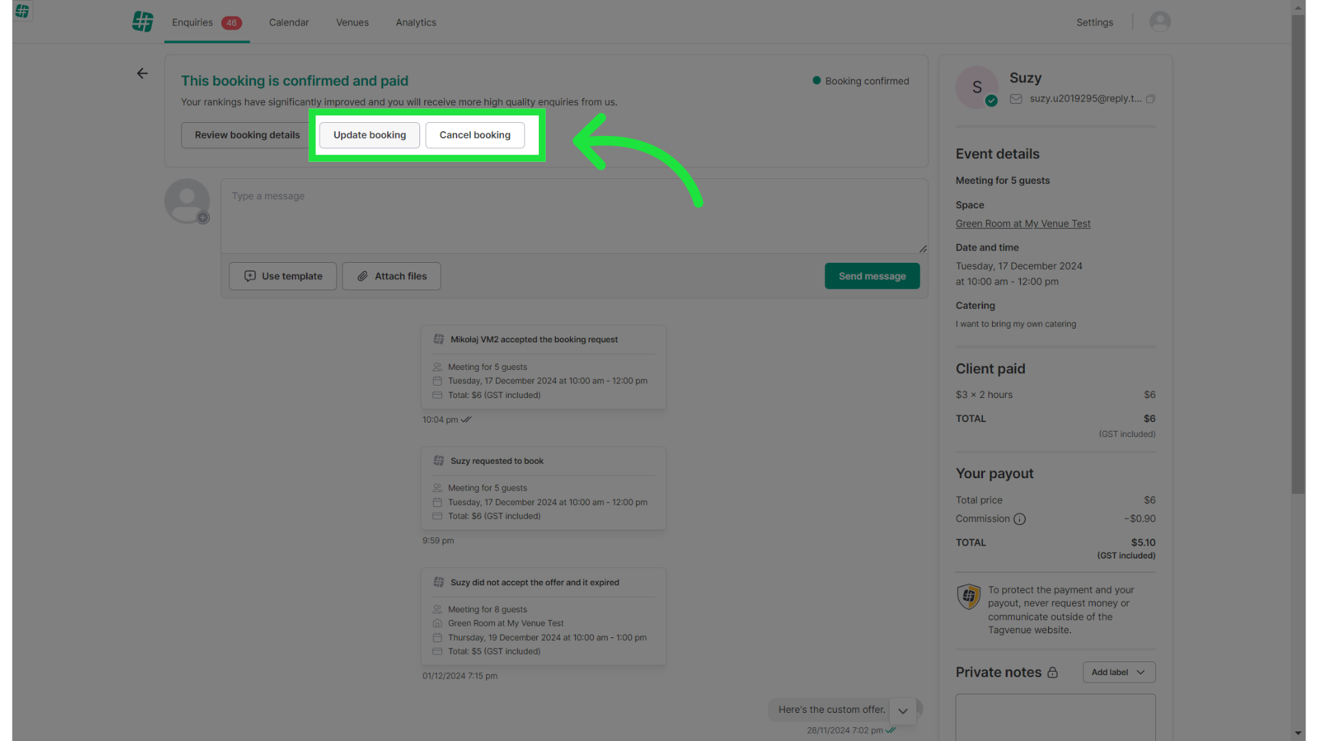 Click 'Update booking'