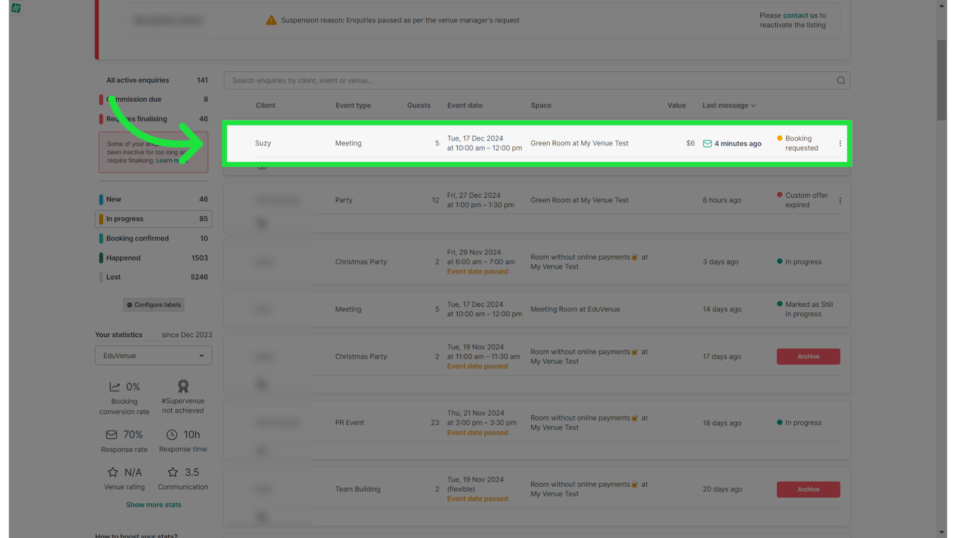 Once the client requests booking, you're gonna receive an email notification and it will show in 'Enquiries' section