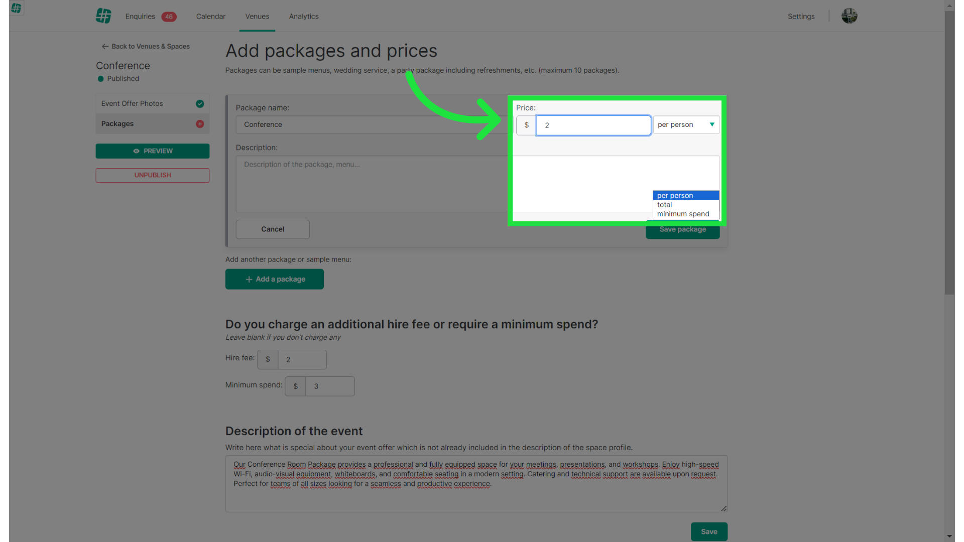 Click 'per persontotalminimum spend'