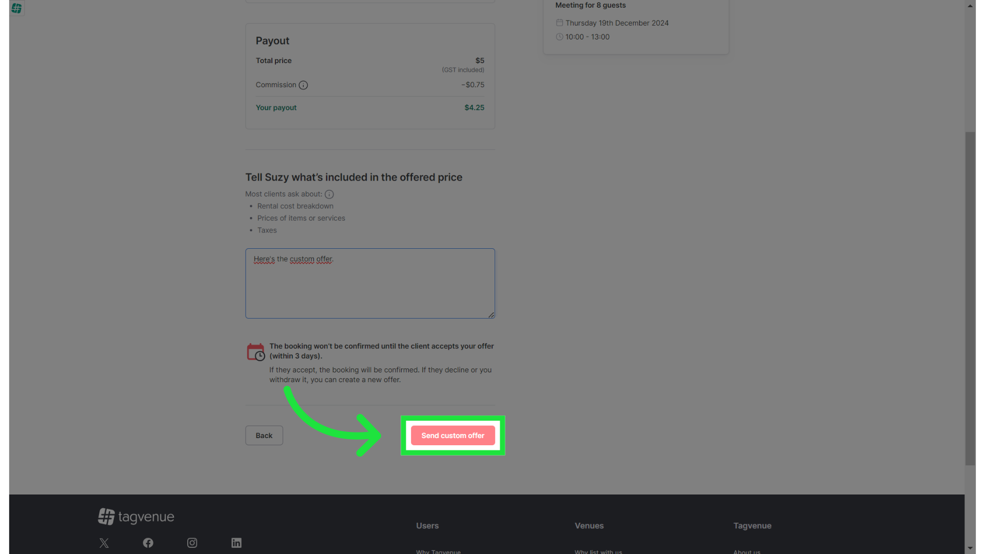 Once everything is checked, you can Send custom offer.