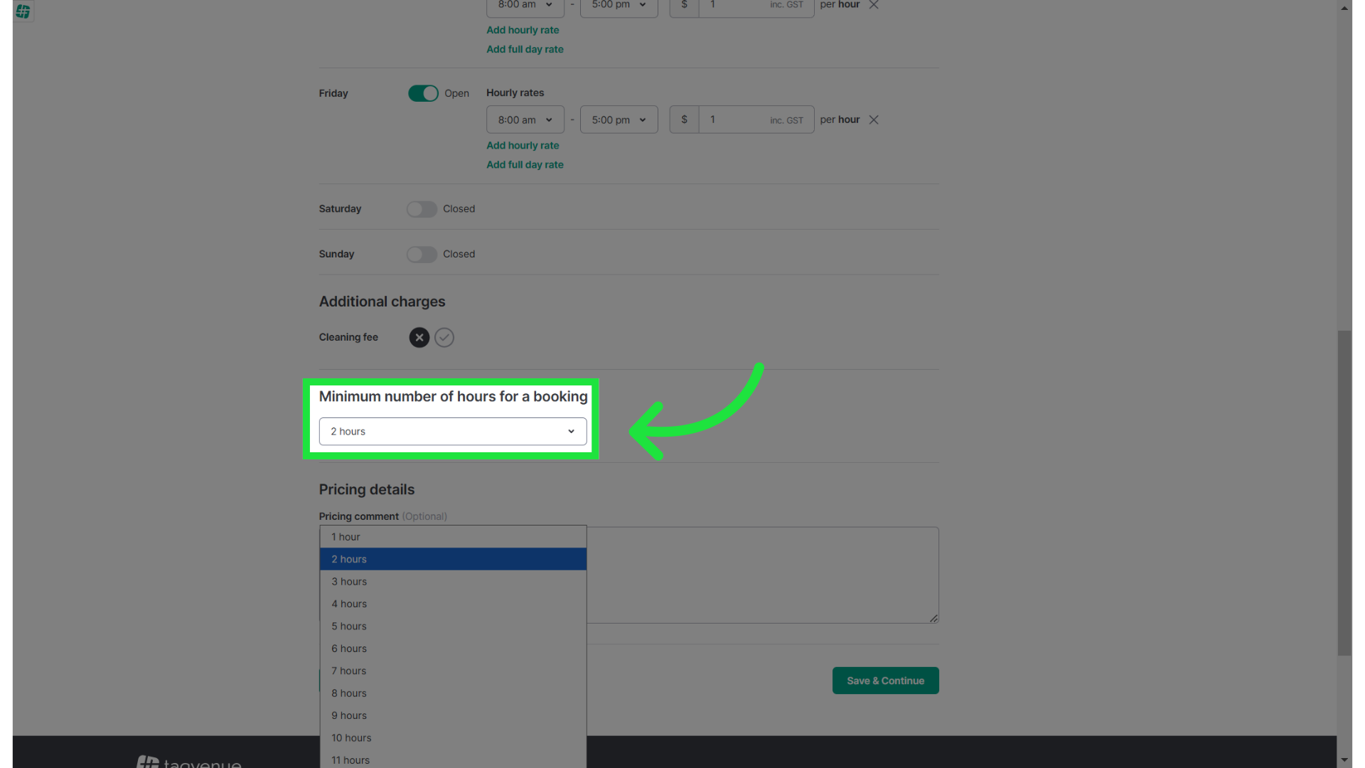 Choose the minimum number of hours for a booking