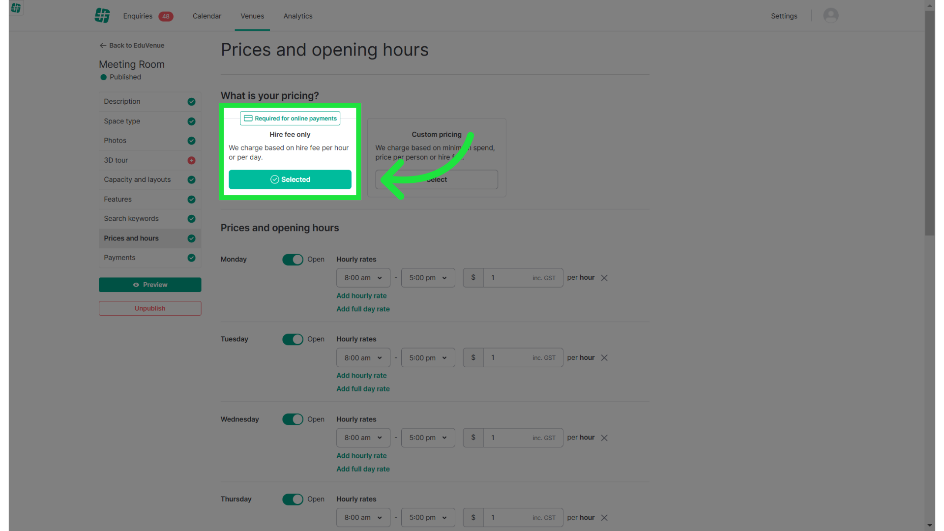 Select hire fee as it's required for Online Payments