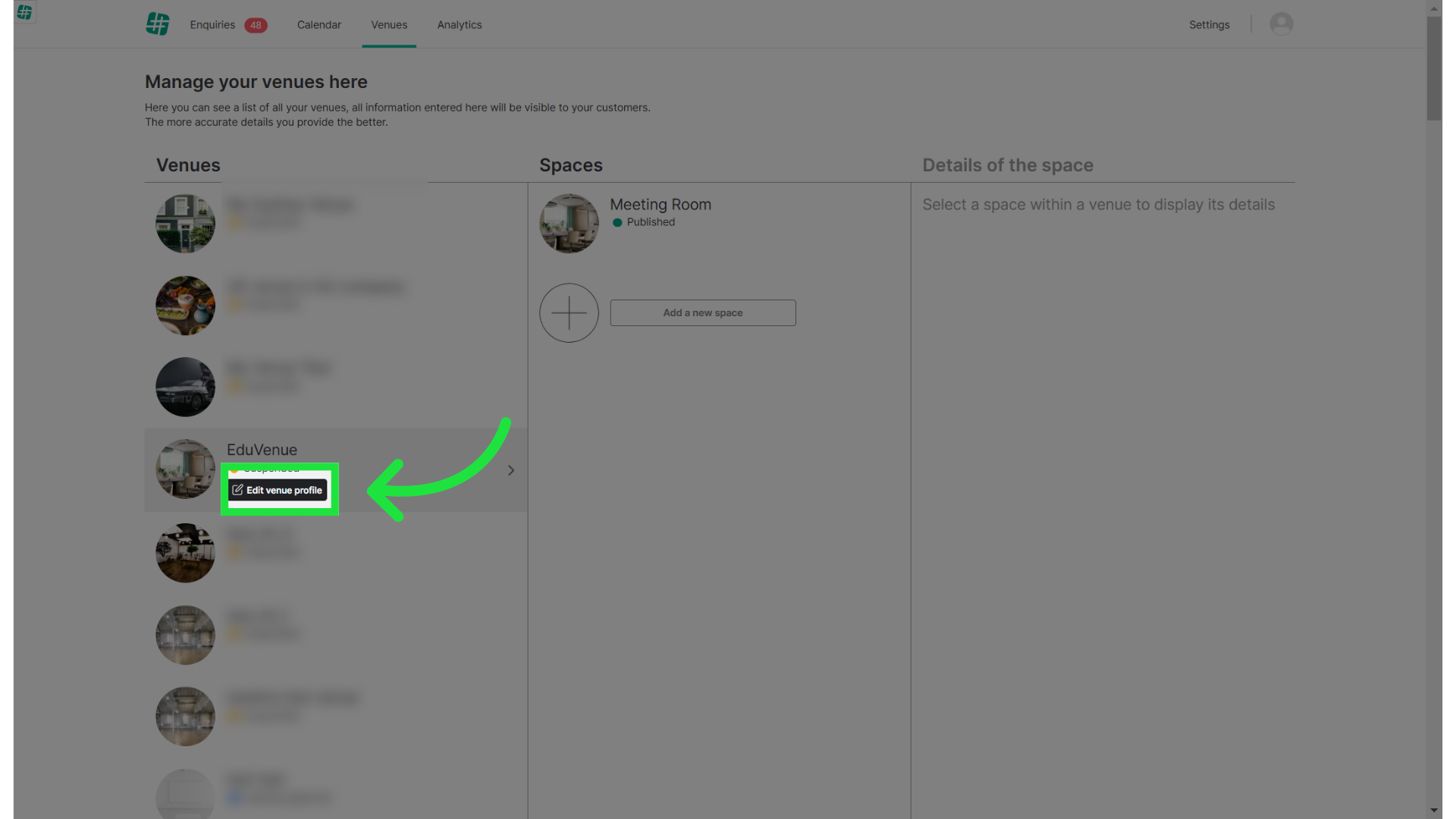 Click 'Edit venue profile'