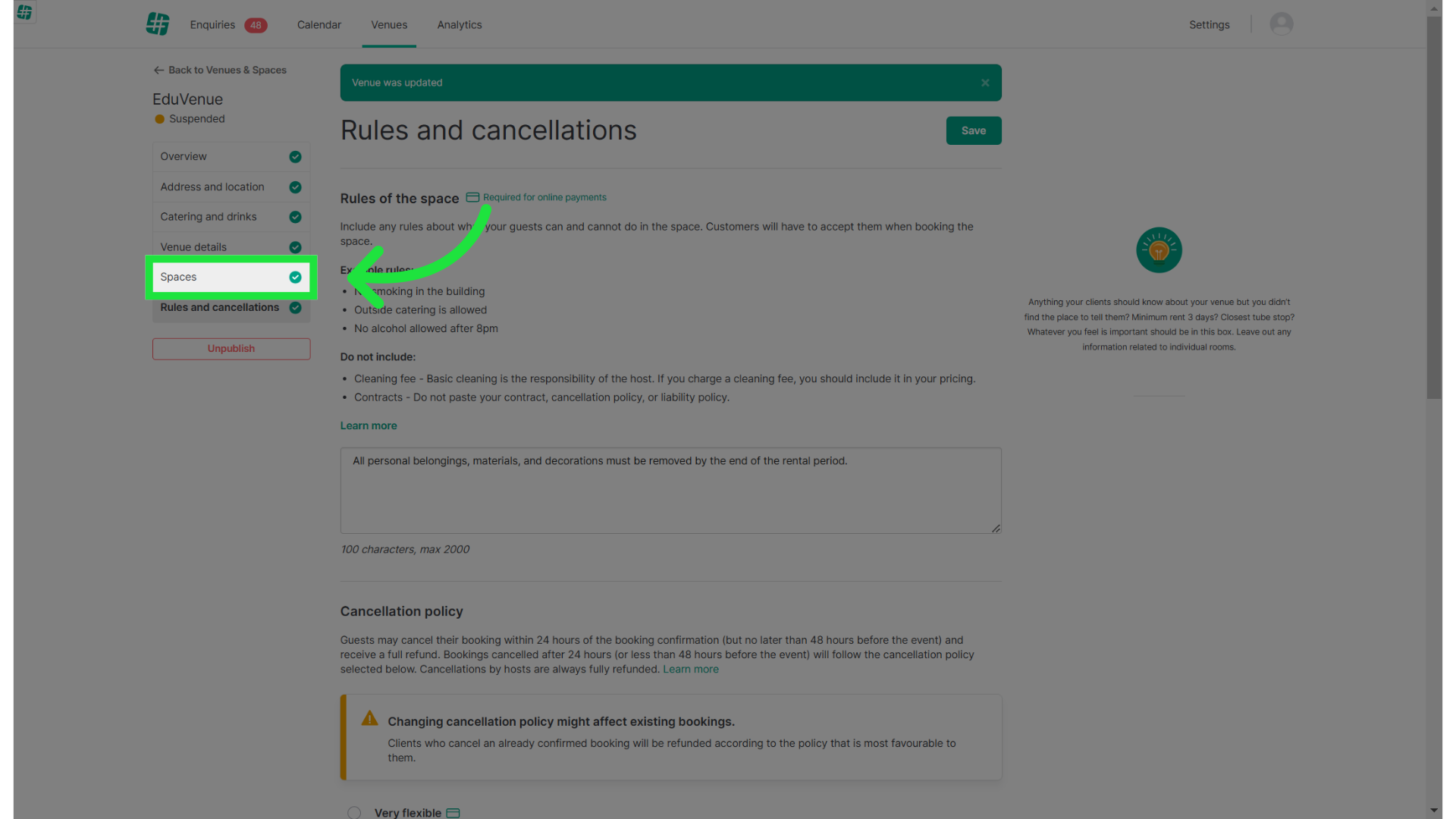 Next, choose the space you wish to enable Online Payments for.