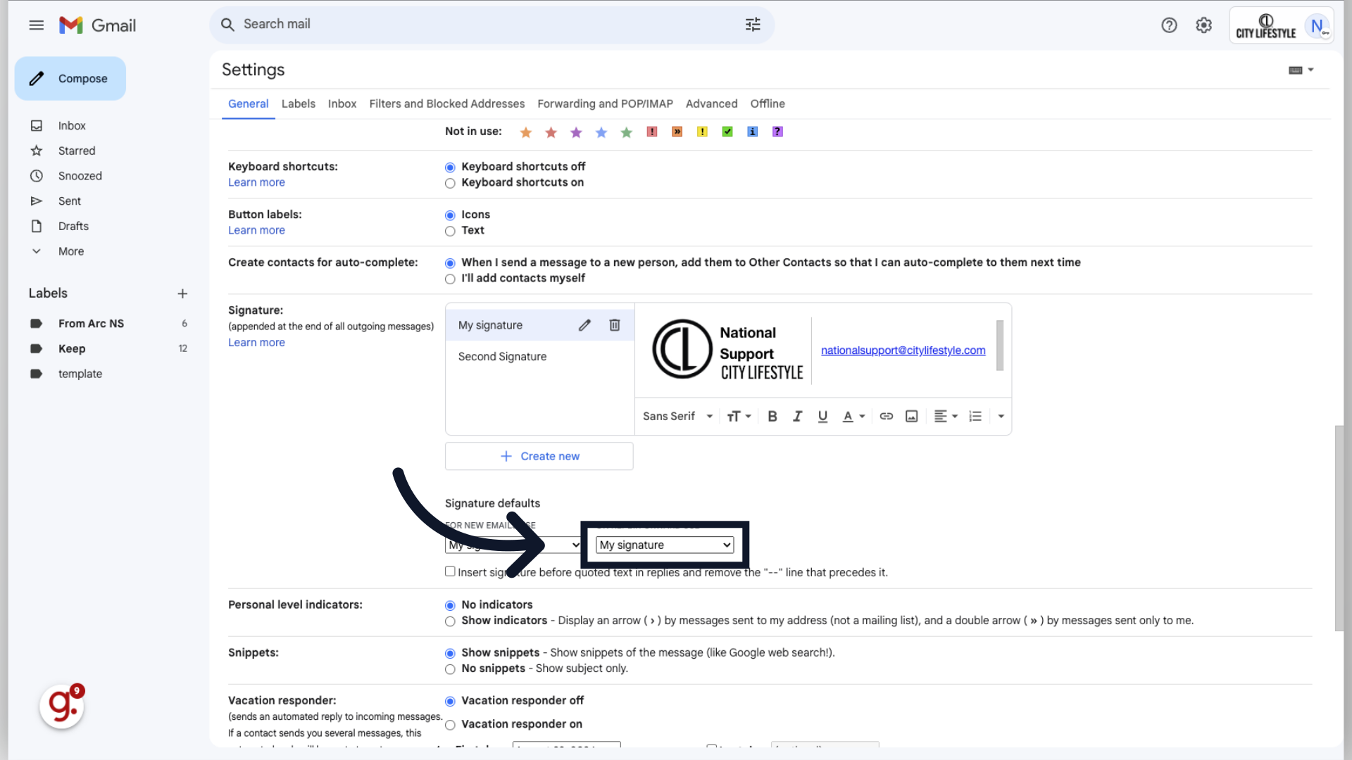Choose the signature to display for replies and forwards. Hit Save at bottom of screen.