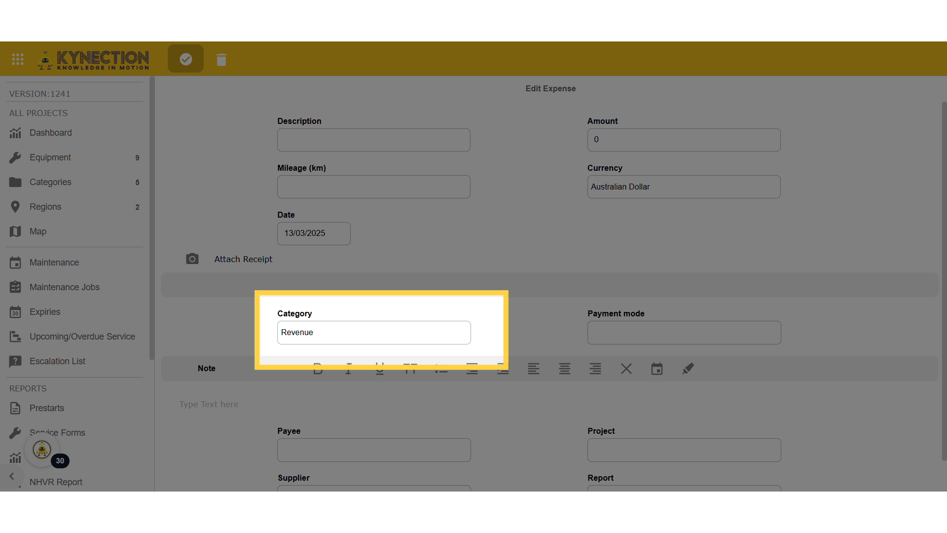 Revenue type in Expense screen