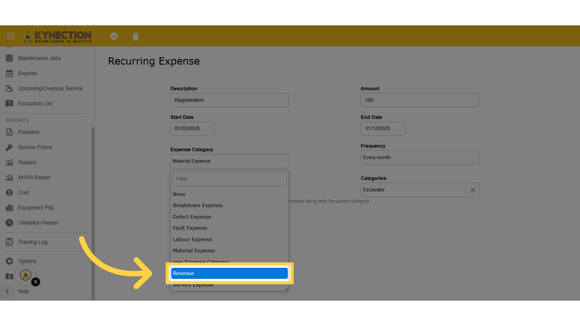 Revenue in Recurring Expense template screen