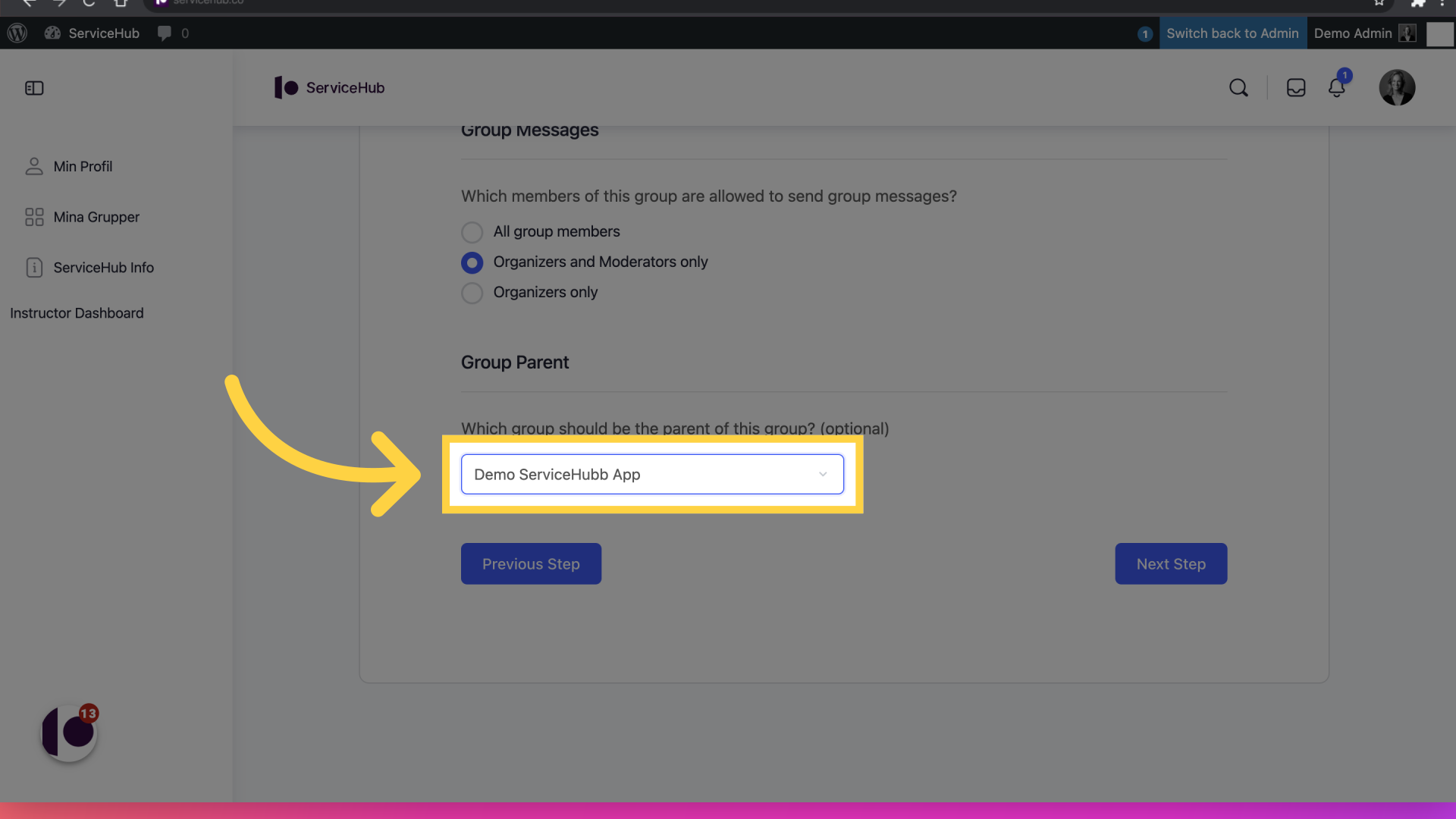 Fylla 'Select Parent
Demo ServiceHubb App'