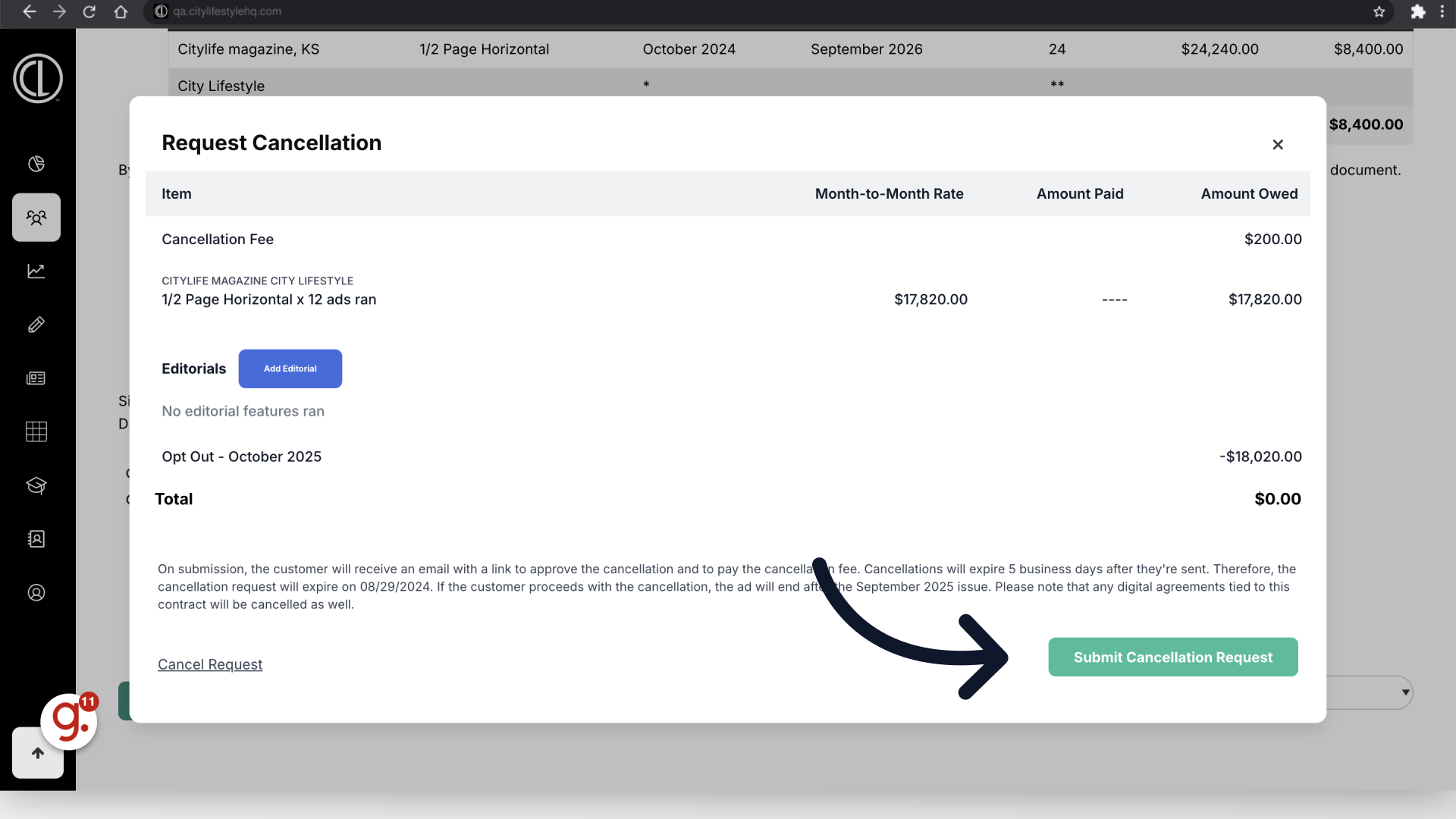 Click 'Submit Cancellation Request'