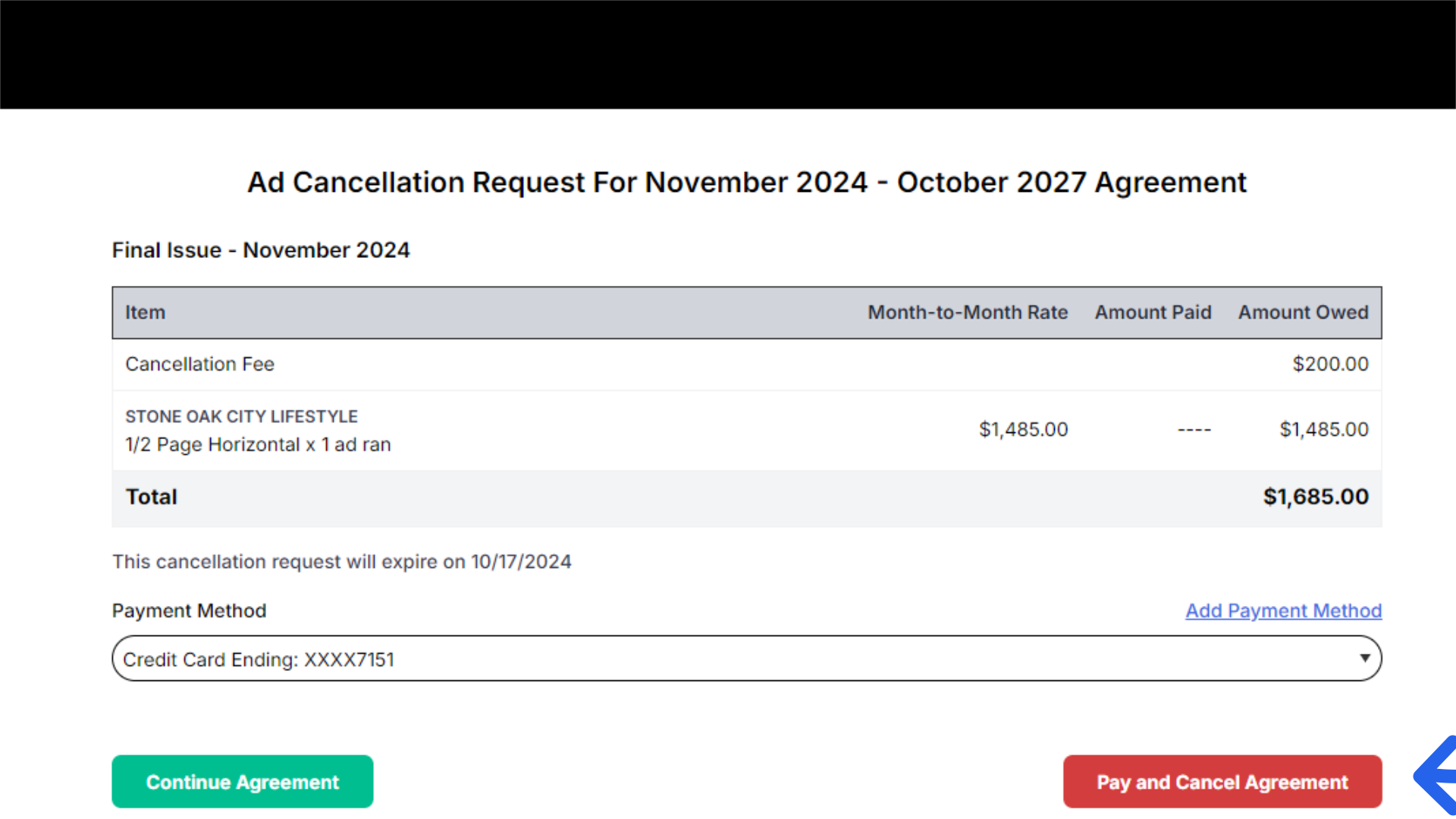 Pay and Cancel Agreement