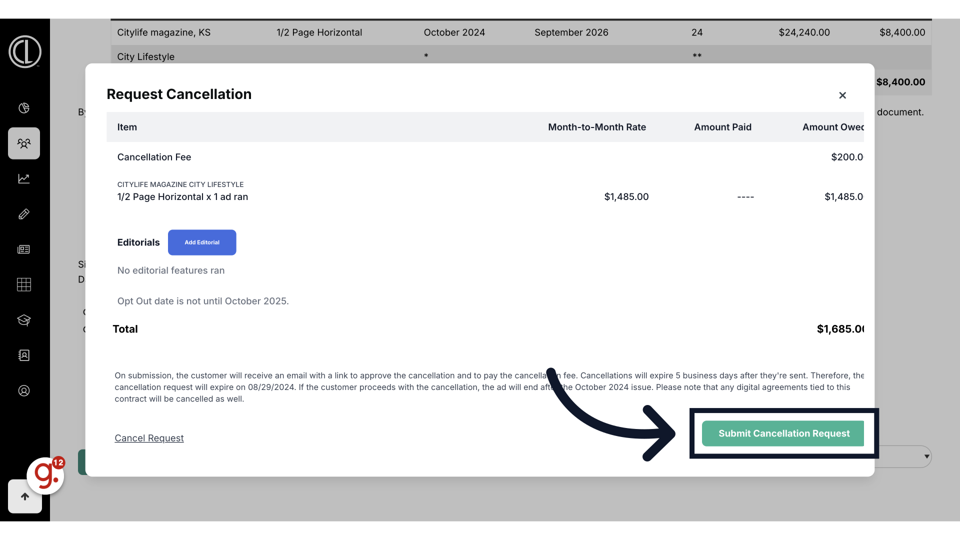 Click 'Submit Cancellation Request'